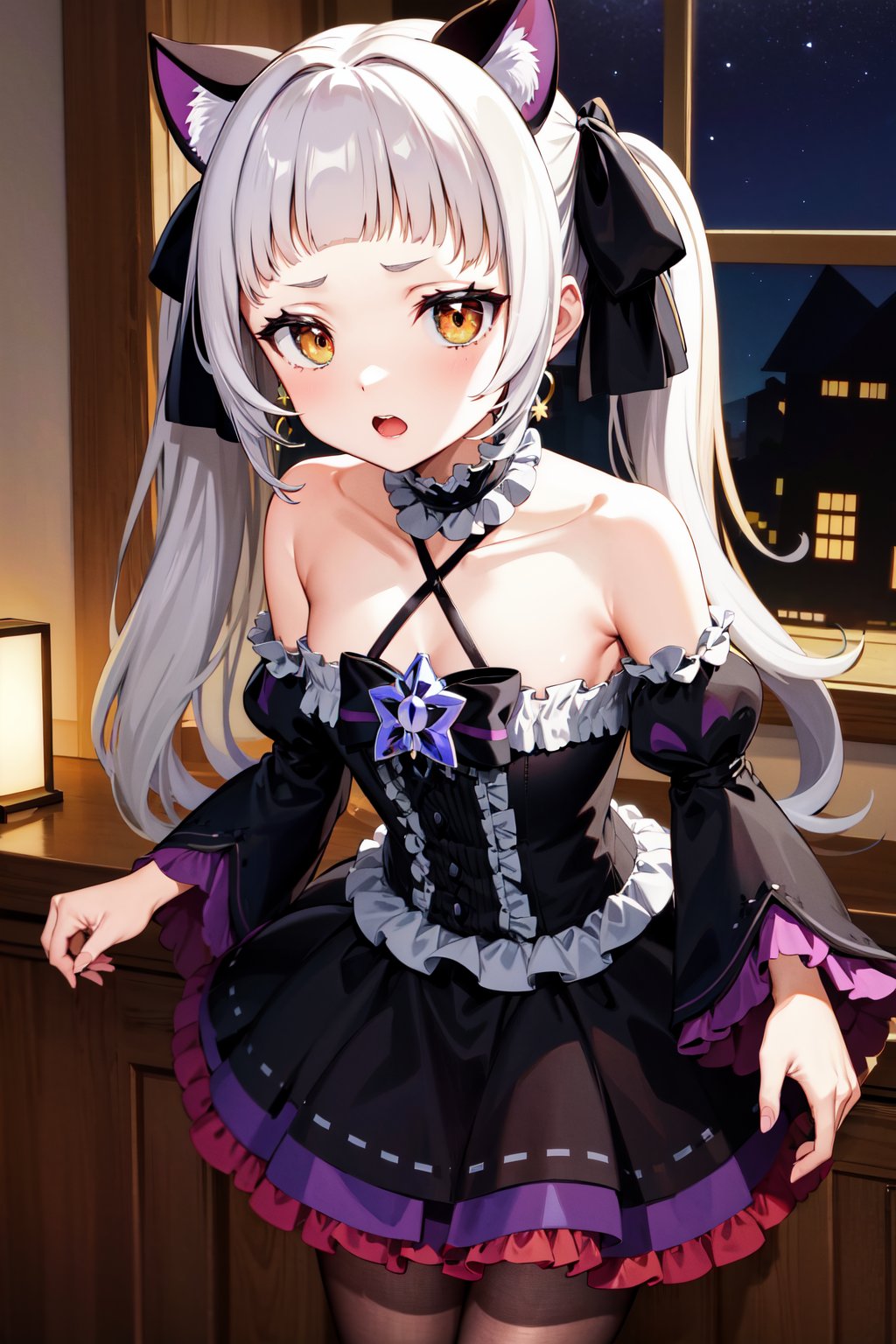 masterpiece, best quality, highres, bbshion, 1girl, long hair, twintails, hair ribbon, short eyebrows, animal ears, cat tail, earrings, frilled choker, halterneck, black bow, star brooch, bare shoulders, black dress, frilled dress, gothic, detached sleeves, wide sleeves, purple pantyhose, <lora:murasaki_shion_v1:0.75>, leaning forward, indoors