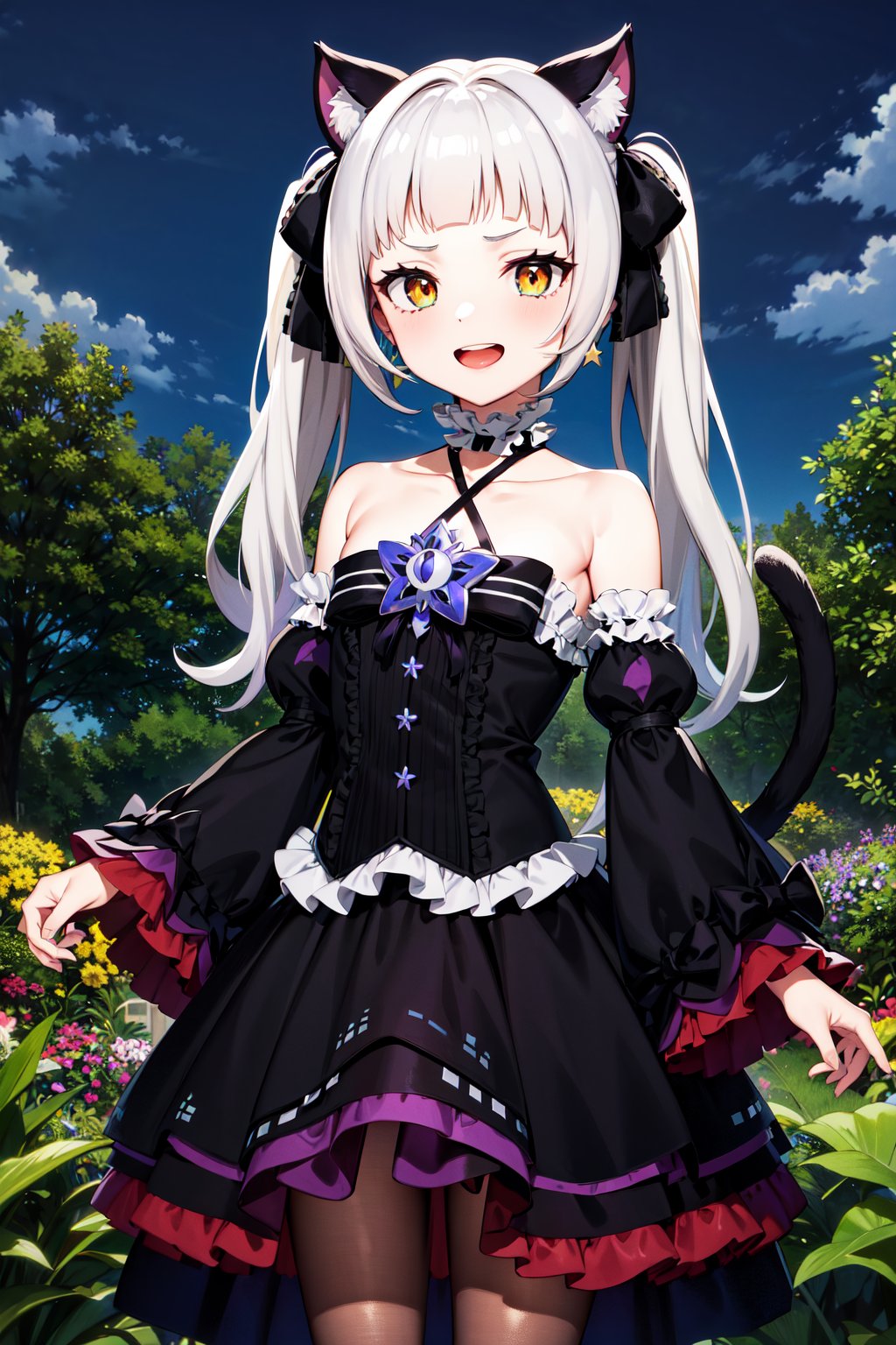 masterpiece, best quality, highres, bbshion, 1girl, long hair, twintails, hair ribbon, short eyebrows, animal ears, cat tail, earrings, frilled choker, halterneck, black bow, star brooch, bare shoulders, black dress, frilled dress, gothic, detached sleeves, wide sleeves, purple pantyhose, <lora:murasaki_shion_v1:0.75>, garden, cowboy shot, standing, smile, upper teeth, 