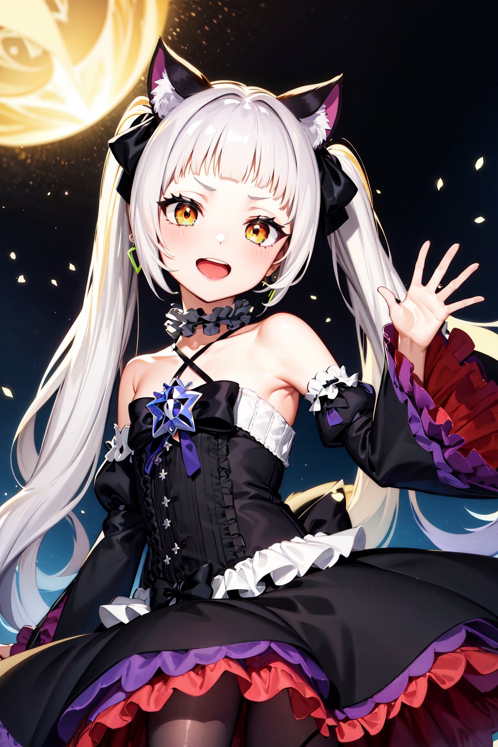 masterpiece, best quality, highres, bbshion, 1girl, long hair, twintails, hair ribbon, short eyebrows, animal ears, cat tail, earrings, frilled choker, halterneck, black bow, star brooch, bare shoulders, black dress, frilled dress, gothic, detached sleeves, wide sleeves, purple pantyhose, <lora:murasaki_shion_v1:0.75>, waving, smile, open mouth, 