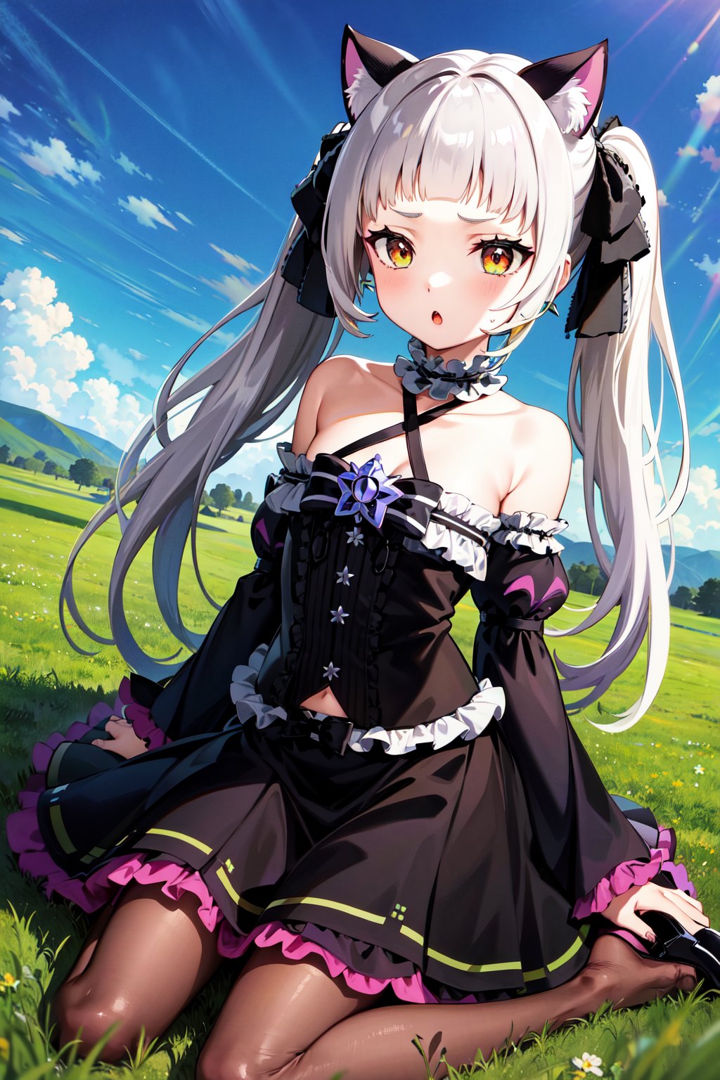 masterpiece, best quality, highres, bbshion, 1girl, long hair, twintails, hair ribbon, short eyebrows, animal ears, cat tail, earrings, frilled choker, halterneck, black bow, star brooch, bare shoulders, black dress, frilled dress, gothic, detached sleeves, wide sleeves, purple pantyhose, <lora:murasaki_shion_v1:0.75>, field, wariza, :o, grass, sky