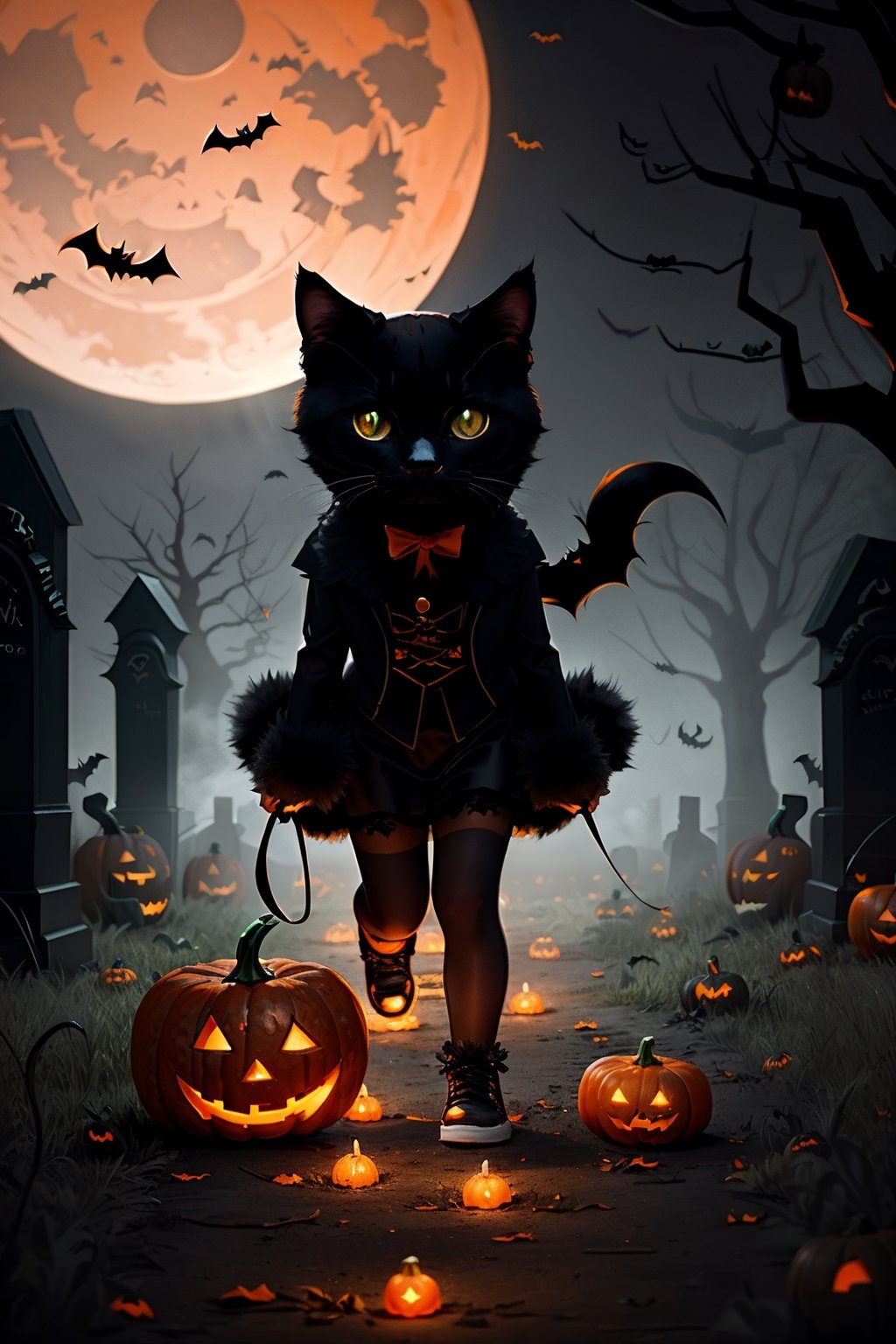 In a spooky (Halloween-themed) scene, a mischievous black cat, its fur shimmering with spectral energy, tiptoes through a misty graveyard under the light of a full moon. Enigmatic Jack-o'-lanterns line the path, casting eerie glows and wicked grins, while restless spirits hover nearby. A chilling tale unfolds in this ghostly masterpiece.