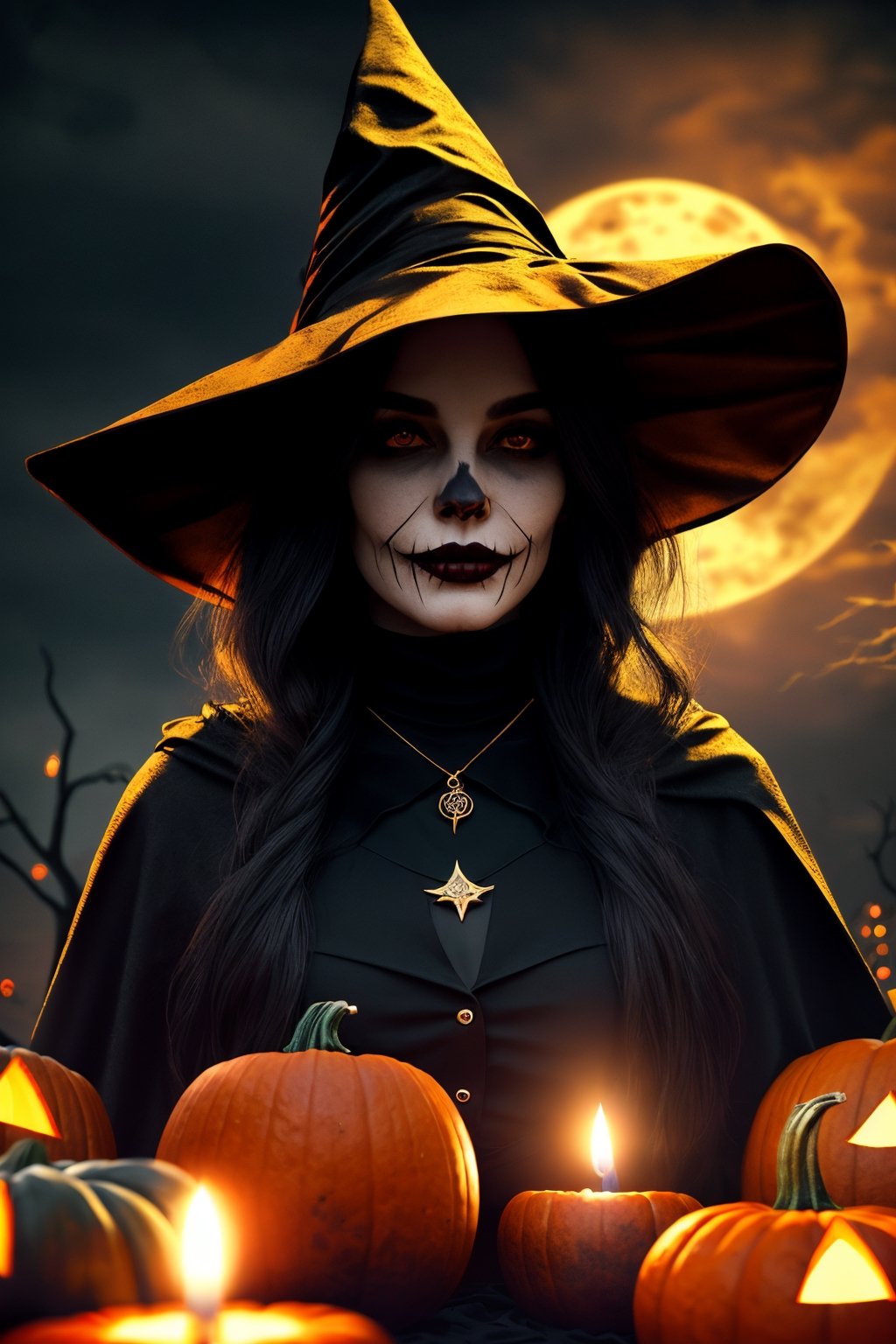 (best quality,4k,8k,highres,masterpiece:1.2),ultra-detailed,(realistic,photorealistic,photo-realistic:1.37),halloween,blood witcher,fair,skeleton,vampire,demon,blood demon,spooky,creepy,fancy costume,dangerous look,close-up,portrait,dark atmosphere,hauntingly beautiful,floating candles,enchanted forest,mysterious shadows,magic spells,gloomy night,pumpkin lanterns,cursed moon,ominous clouds,witch's hat,glowing eyes,creeping fog,crimson lipstick,sharp fangs,spectral glow,witch's broom,cloak of darkness,moonlit sky,wisps of mist,witching hour,golden jewelry,mesmerizing gaze,ominous background,eerie aura,otherworldly beauty,dark powers,witchcraft incantations,chilling laughter