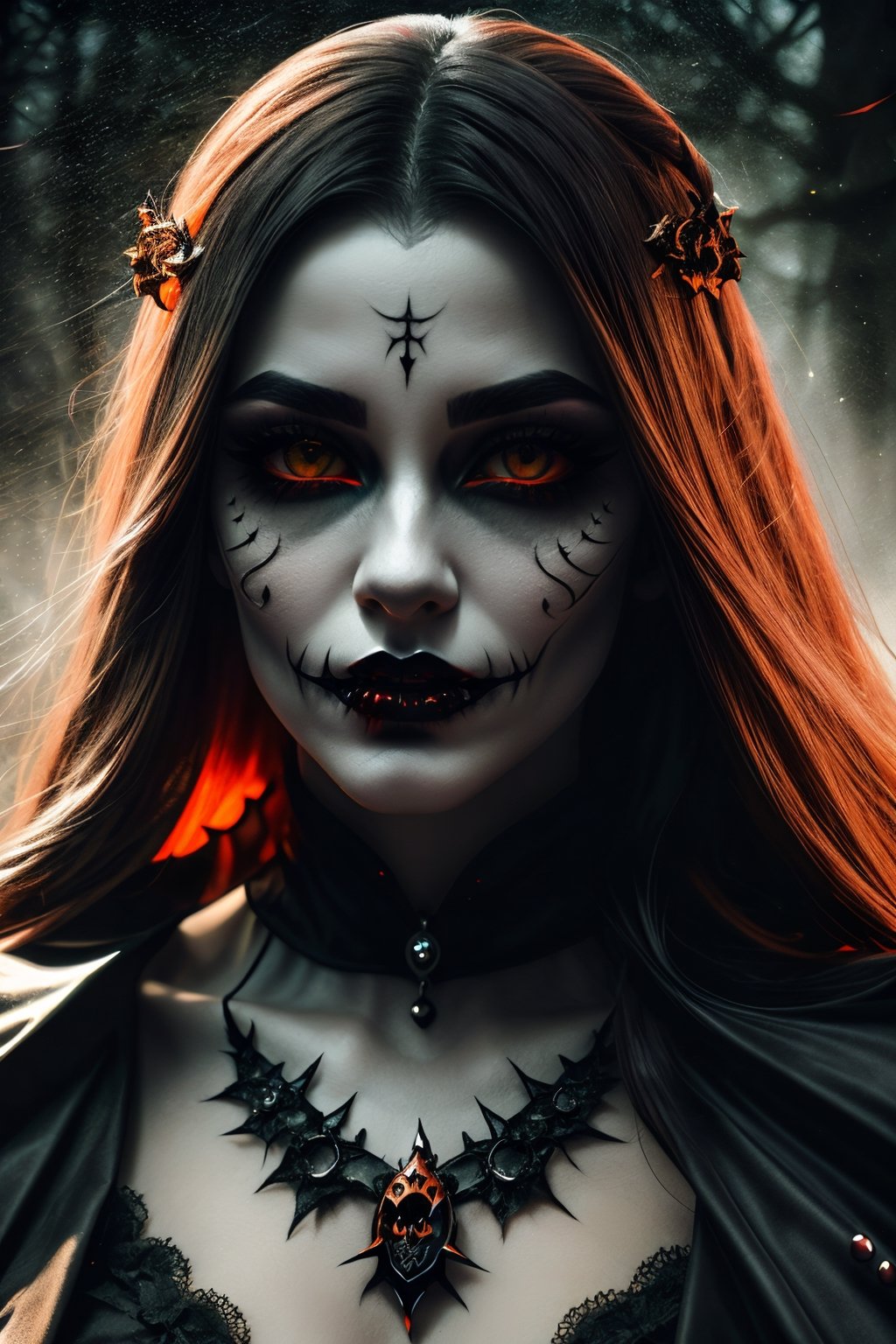 (highres:1.2), (realistic:1.37), (vivid colors), halloween, witcher, vampire, demon, blade demon, spooky, creepy, dangers, close-up, portrait, detailed eyes, detailed lips, long eyelashes, glowing eyes, pale complexion, dark atmosphere, mystical aura, gothic style, haunting expression, sinister smile, mysterious shadows, eerie lighting, foggy background, dramatic angle, mystical powers, enchanted forest, moonlit night, blood-red lips, pointed fangs, black cloak, haunting presence, intense gaze.