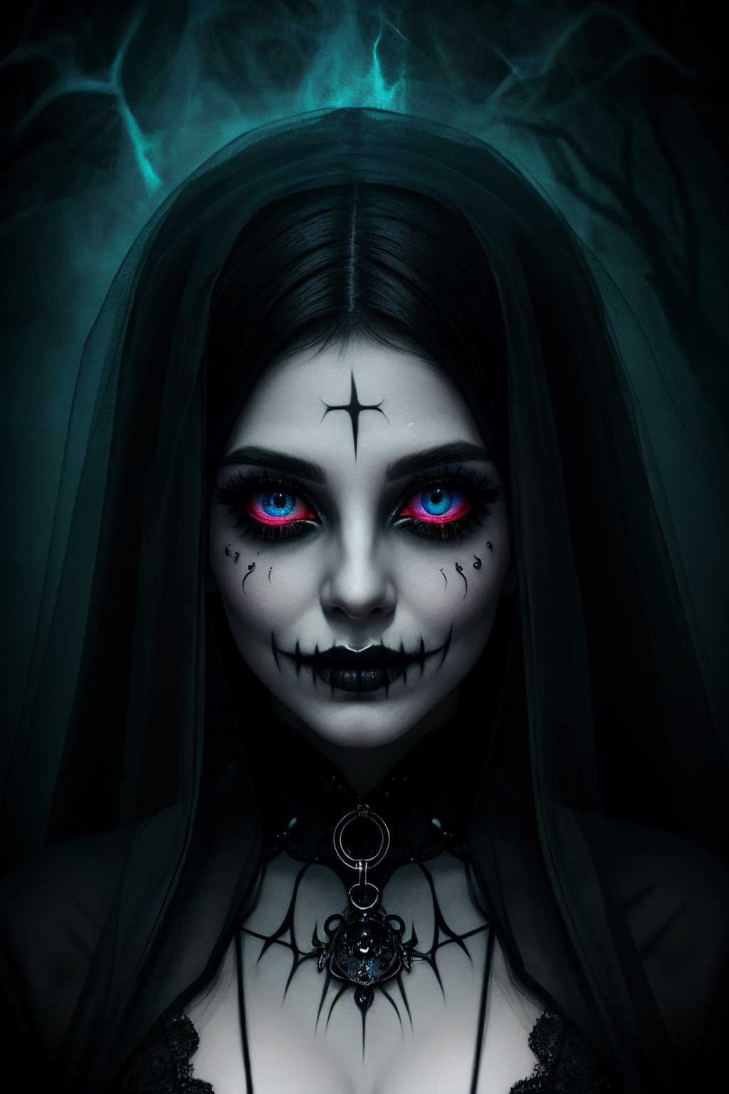 (best quality, vivid colors, realistic), spooky background, gothic style, dark lighting, intense expression, eerie atmosphere, detailed eye makeup, long eyelashes, hauntingly beautiful, mystic aura, eerie smile, hauntingly elegant, ghostly presence