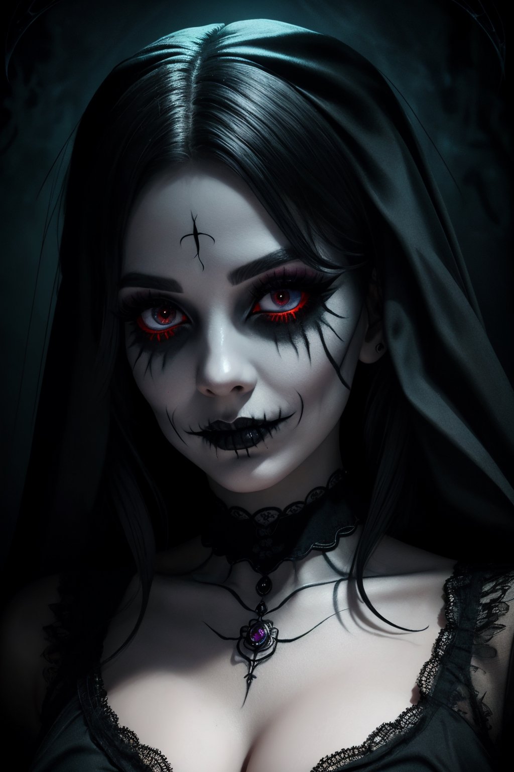 (best quality, vivid colors, realistic), spooky background, gothic style, dark lighting, intense expression, eerie atmosphere, detailed eye makeup, long eyelashes, hauntingly beautiful, mystic aura, eerie smile, hauntingly elegant, ghostly presence