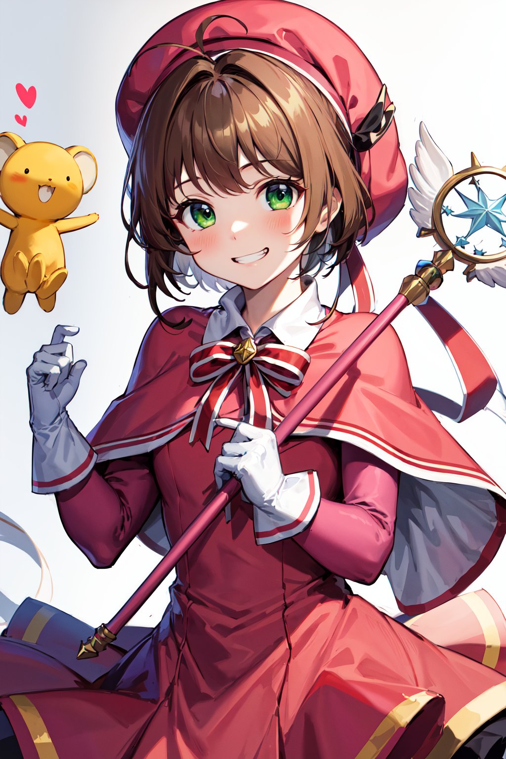 masterpiece, best quality, highres, kinomoto sakura, 1girl, brown hair, short hair, antenna hair, pink headwear, green eyes, capelet, pink dress, striped ribbon, long sleeves, white gloves, <lora:kinomoto_sakura_v1:0.7>, holding staff, kero, evil grin, 