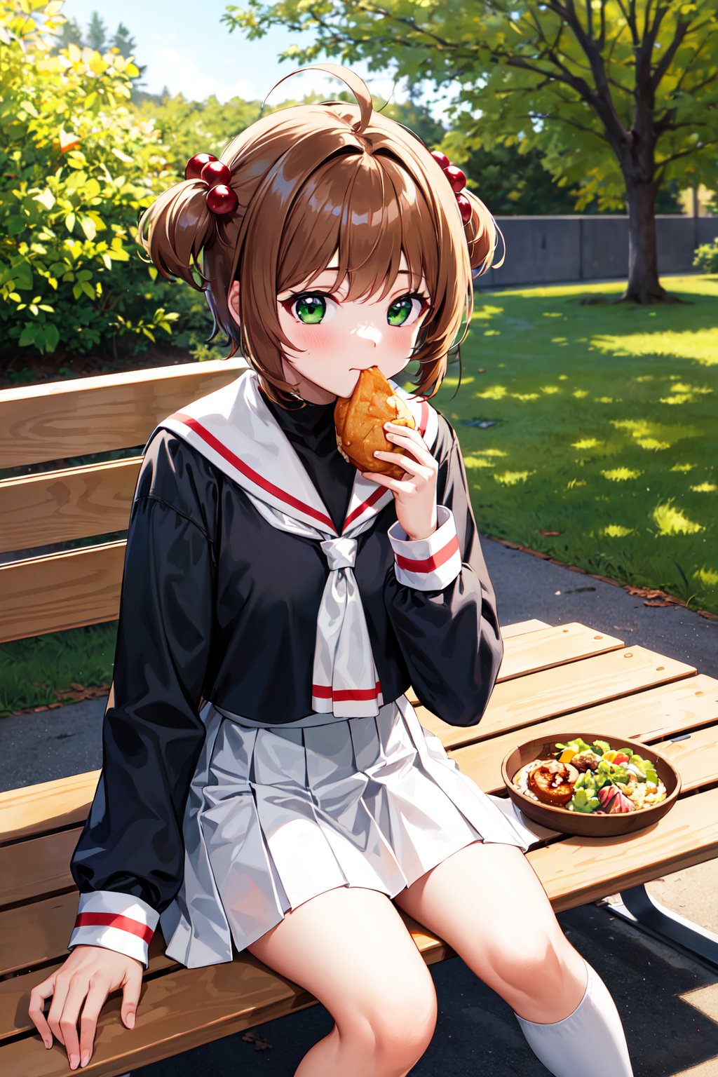 masterpiece, best quality, highres, kinomoto sakura, 1girl, brown hair, short hair, antenna hair, two side up, hair bobbles, green eyes, school uniform, white sailor collar, black shirt, long sleeves, white skirt, pleated skirt, <lora:kinomoto_sakura_v1:0.7>, sitting, eating, outdoors, bench, food, leaf, 