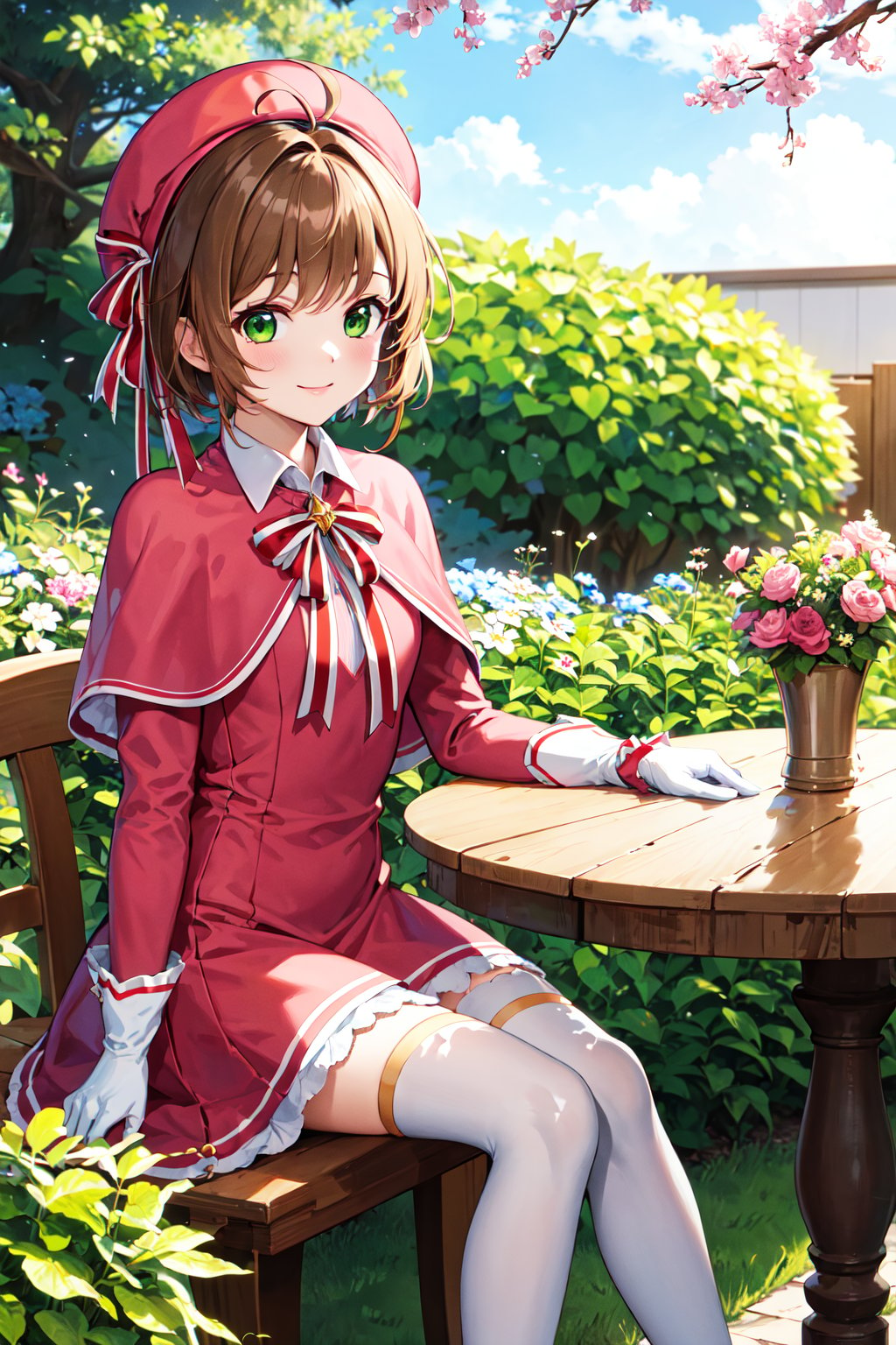 masterpiece, best quality, highres, kinomoto sakura, 1girl, brown hair, short hair, antenna hair, pink headwear, green eyes, capelet, pink dress, striped ribbon, long sleeves, white gloves, <lora:kinomoto_sakura_v1:0.7>, outdoors, garden, sitting, table, smile