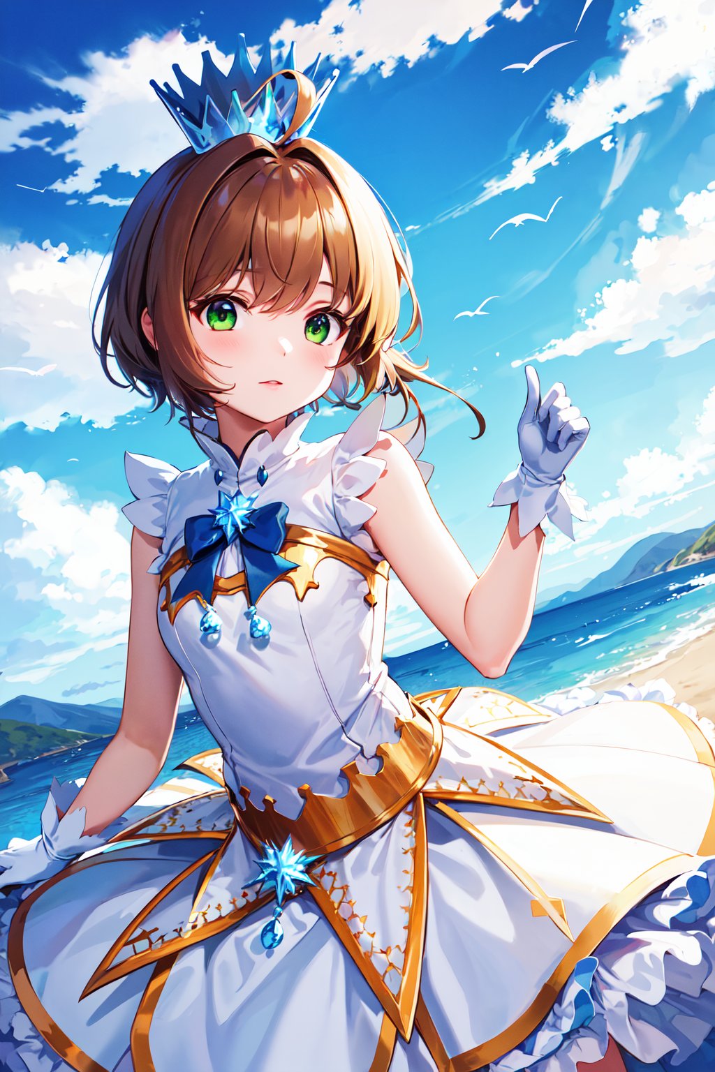 masterpiece, best quality, highres, kinomoto sakura, 1girl, brown hair, short hair, antenna hair, ahoge, crown, green eyes, white dress, sleeveless, white gloves,<lora:kinomoto_sakura_v1:0.7>, cowboy shot, blue sky, 