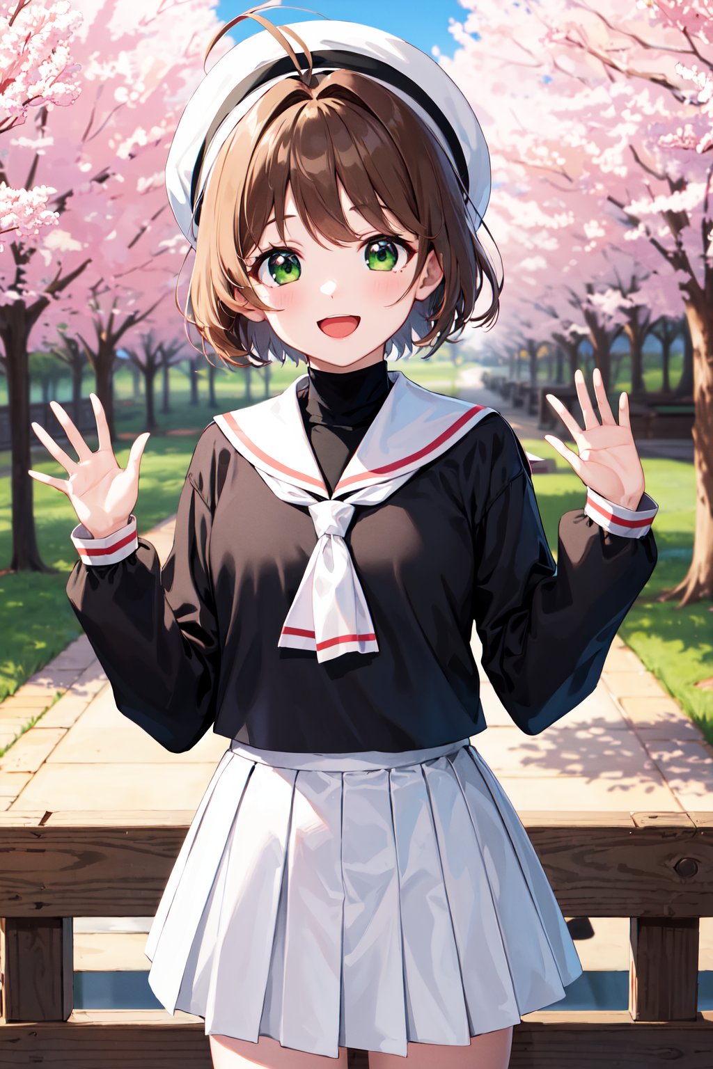 masterpiece, best quality, highres, kinomoto sakura, 1girl, brown hair, short hair, antenna hair, white headwear, green eyes, school uniform, white sailor collar, black shirt, long sleeves, white skirt, pleated skirt, <lora:kinomoto_sakura_v1:0.7>, waving, smile, open mouth, standing, cowboy shot, outdoors, 