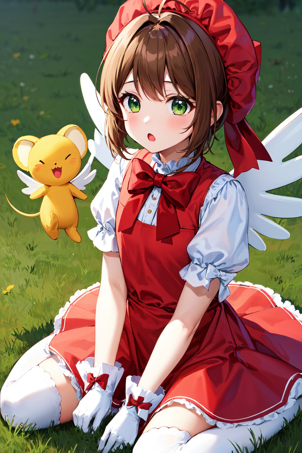 masterpiece, best quality, highres, kinomoto sakura, 1girl, brown hair, short hair, antenna hair, red headwear, green eyes, frills, red dress, puffy short sleeves, white gloves, red bow, white thighhighs, wings, <lora:kinomoto_sakura_v1:0.7>, field, :o, wariza, grass, kero