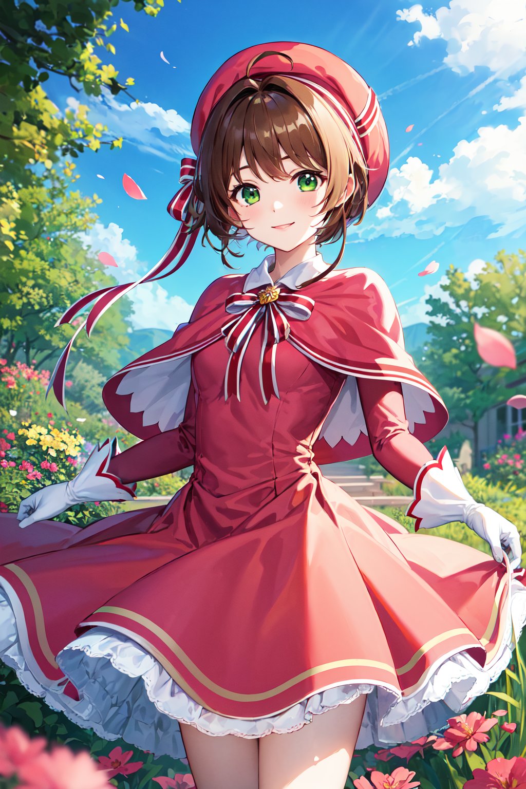 masterpiece, best quality, highres, kinomoto sakura, 1girl, brown hair, short hair, antenna hair, pink headwear, green eyes, capelet, pink dress, striped ribbon, long sleeves, white gloves, <lora:kinomoto_sakura_v1:0.7>, standing, cowboy shot, smile, garden, petals, 