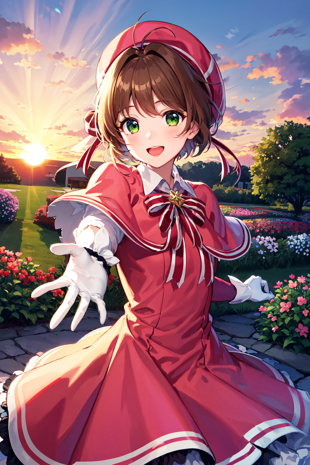 masterpiece, best quality, highres, kinomoto sakura, 1girl, brown hair, short hair, antenna hair, pink headwear, green eyes, capelet, pink dress, striped ribbon, long sleeves, white gloves, <lora:kinomoto_sakura_v1:0.7>, reaching out, smile, open mouth, garden, flower, sunset