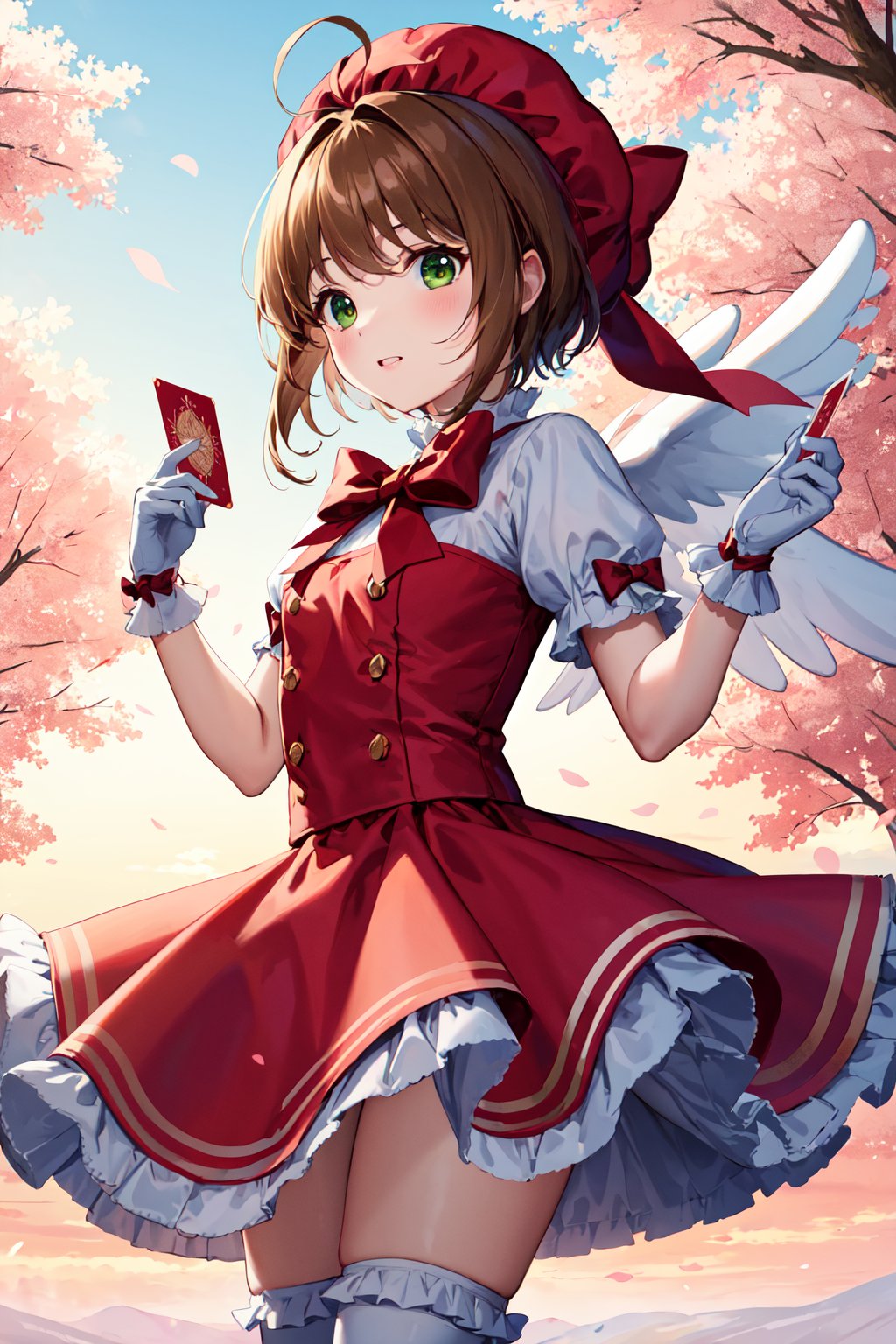 masterpiece, best quality, highres, kinomoto sakura, 1girl, brown hair, short hair, antenna hair, red headwear, green eyes, frills, red dress, puffy short sleeves, white gloves, red bow, white thighhighs, wings, <lora:kinomoto_sakura_v1:0.7>, standing, holding card