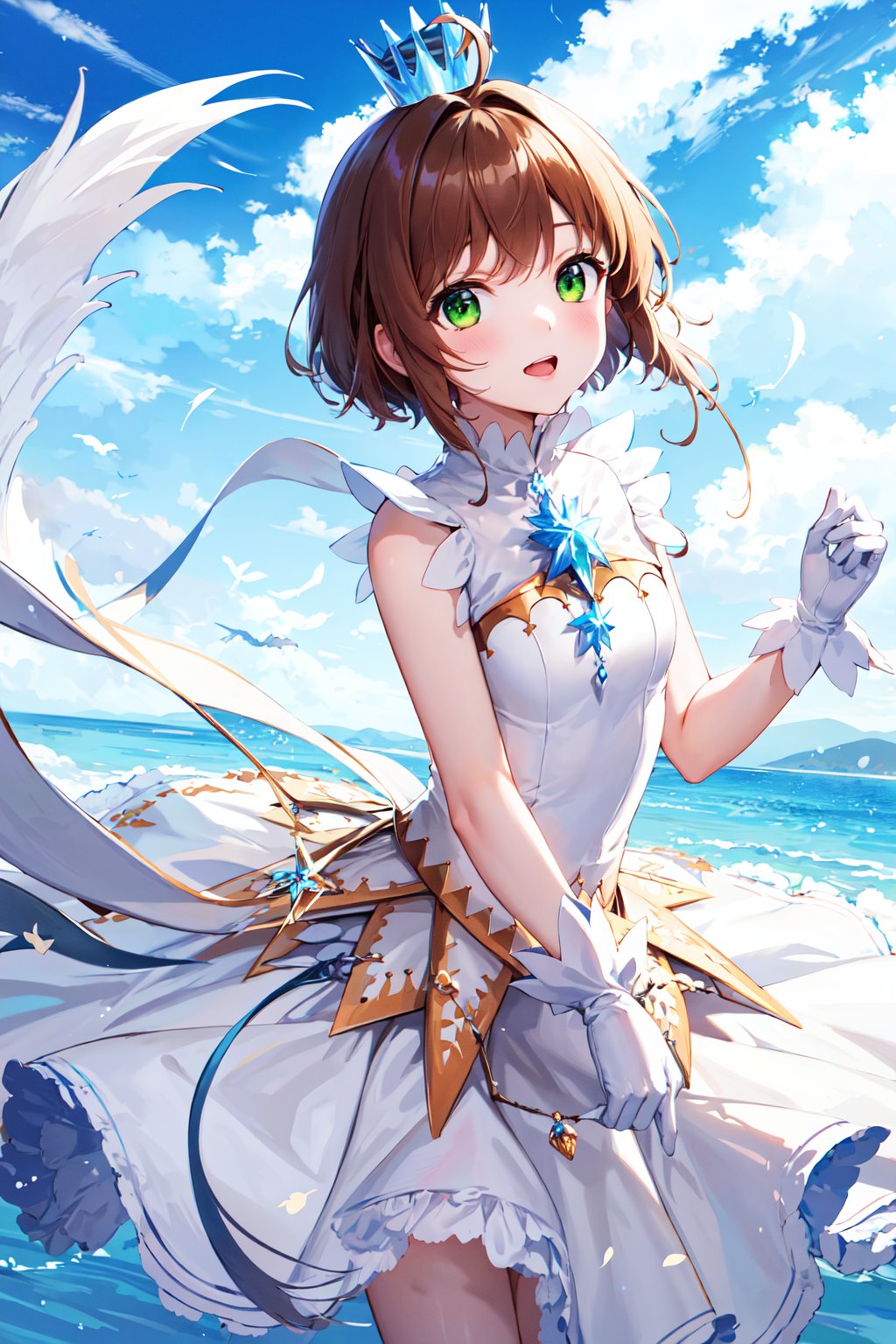 masterpiece, best quality, highres, kinomoto sakura, 1girl, brown hair, short hair, antenna hair, ahoge, crown, green eyes, white dress, sleeveless, white gloves,<lora:kinomoto_sakura_v1:0.7>, cowboy shot, blue sky, 