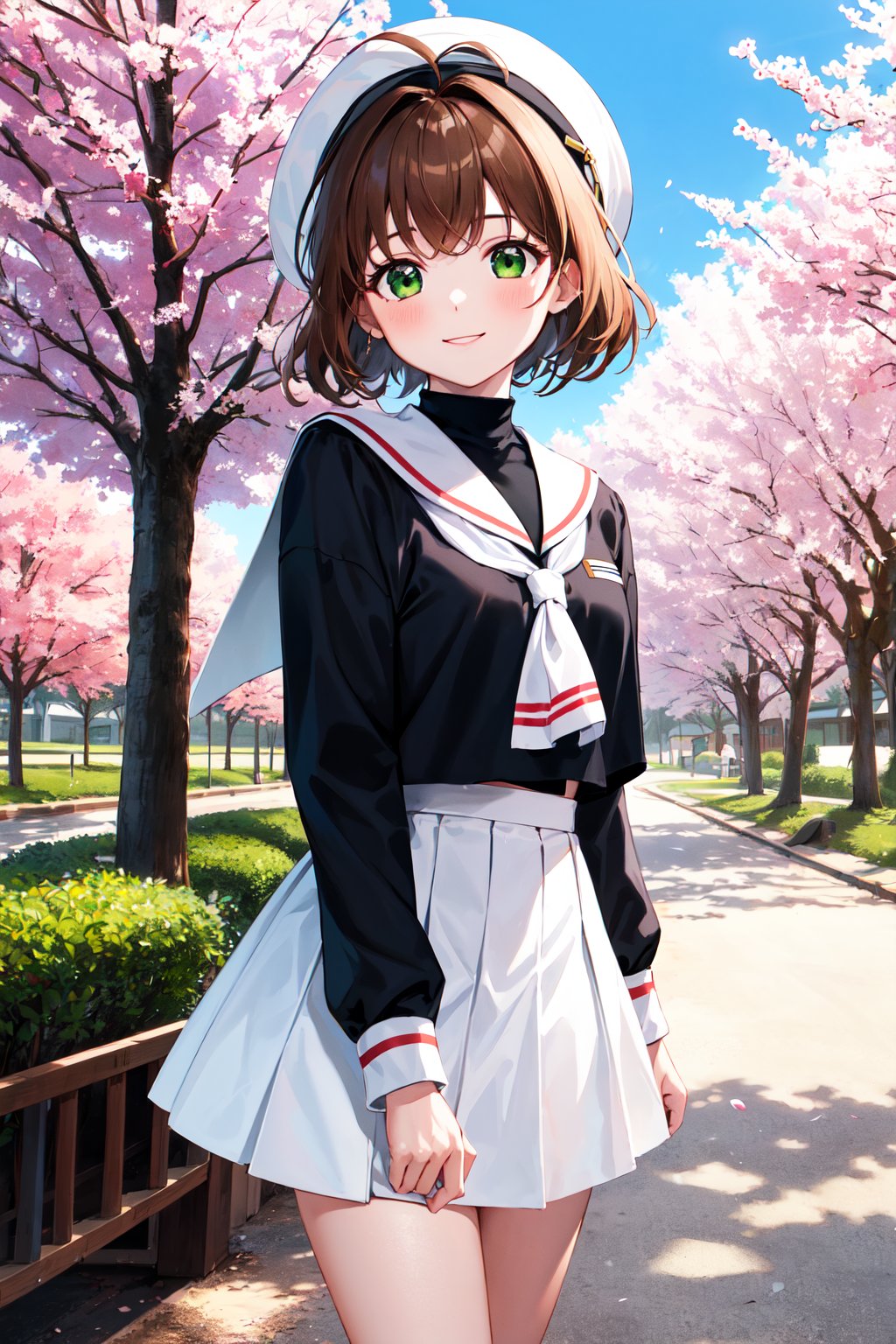 masterpiece, best quality, highres, kinomoto sakura, 1girl, brown hair, short hair, antenna hair, white headwear, green eyes, school uniform, white sailor collar, black shirt, long sleeves, white skirt, pleated skirt, <lora:kinomoto_sakura_v1:0.7>, cowboy shot, standing, cherry blossoms, outdoors, smile