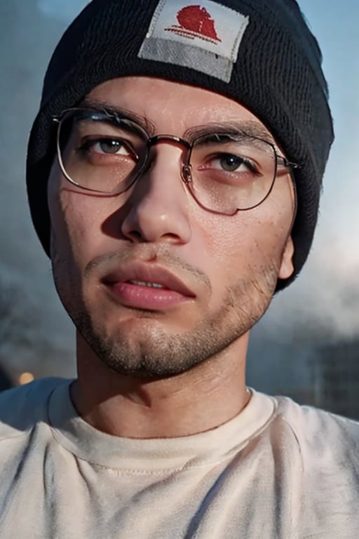 8k, RAW photo,  best quality,  masterpiece:1.2),  (realistic,  photo-realistic:1.37),  masterpiece,  best quality (dynamic lighting:1.2),  (depth of field),  (sharp focus,  ) (hyper-detailed),  (cinematic lighting,  ) (delicate elegant facial) man,  black elegant suit glasses and beanie,  night,  volumetric fog,  torso portait, <lora:EMS-60214-EMS:1.000000>, , <lora:EMS-16606-EMS:0.800000>