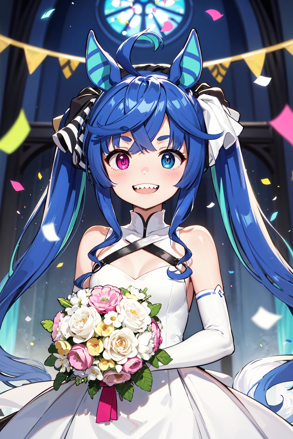 masterpiece, best quality, highres, aatwin, sharp teeth, horse tail, heterochromia, twintails, long hair, <lora:twin_turbo_v1-1:0.7>, wedding dress, white gloves, bouquet, smile, grin, church, confetti, 