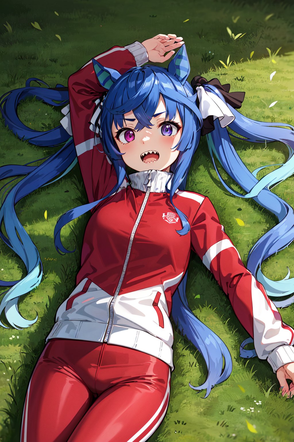 masterpiece, best quality, highres, aatwin, 1girl, multicolored hair, twintails, long hair, hair ribbon, horse tail, sharp teeth, red jacket, track jacket, long sleeves, red pants, <lora:twin_turbo_v1-1:0.7>, lying, field