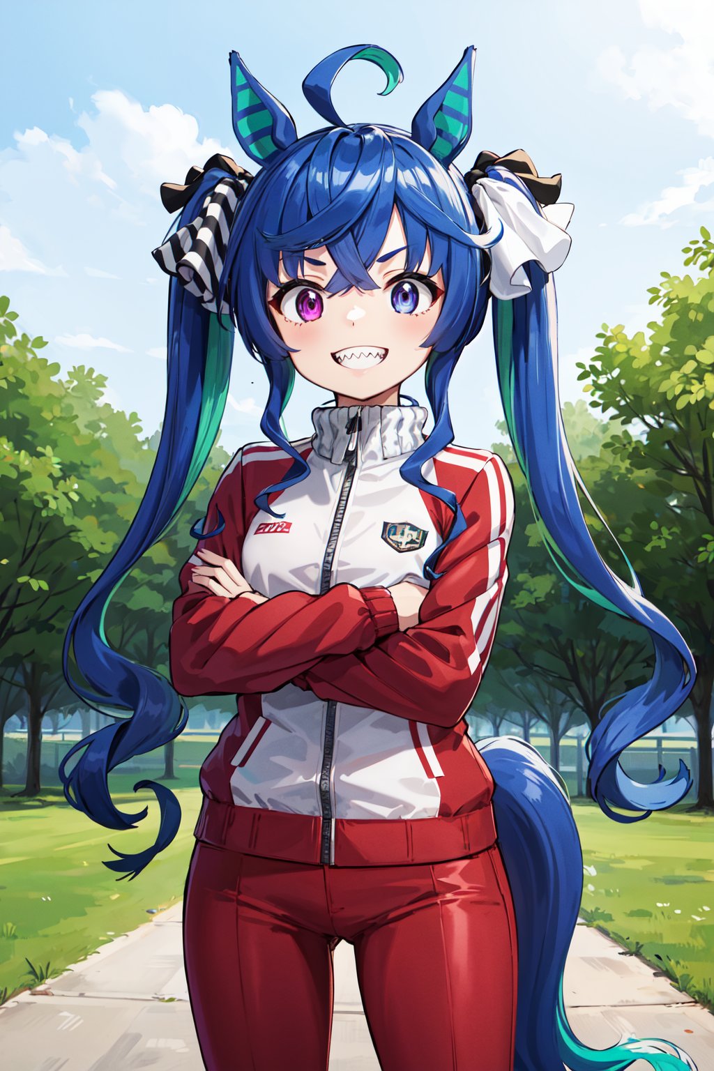 masterpiece, best quality, highres, aatwin, 1girl, multicolored hair, twintails, long hair, hair ribbon, horse tail, sharp teeth, red jacket, track jacket, long sleeves, red pants, <lora:twin_turbo_v1-1:0.7>, crossed arms, grin, cowboy shot, field, outdoors, 