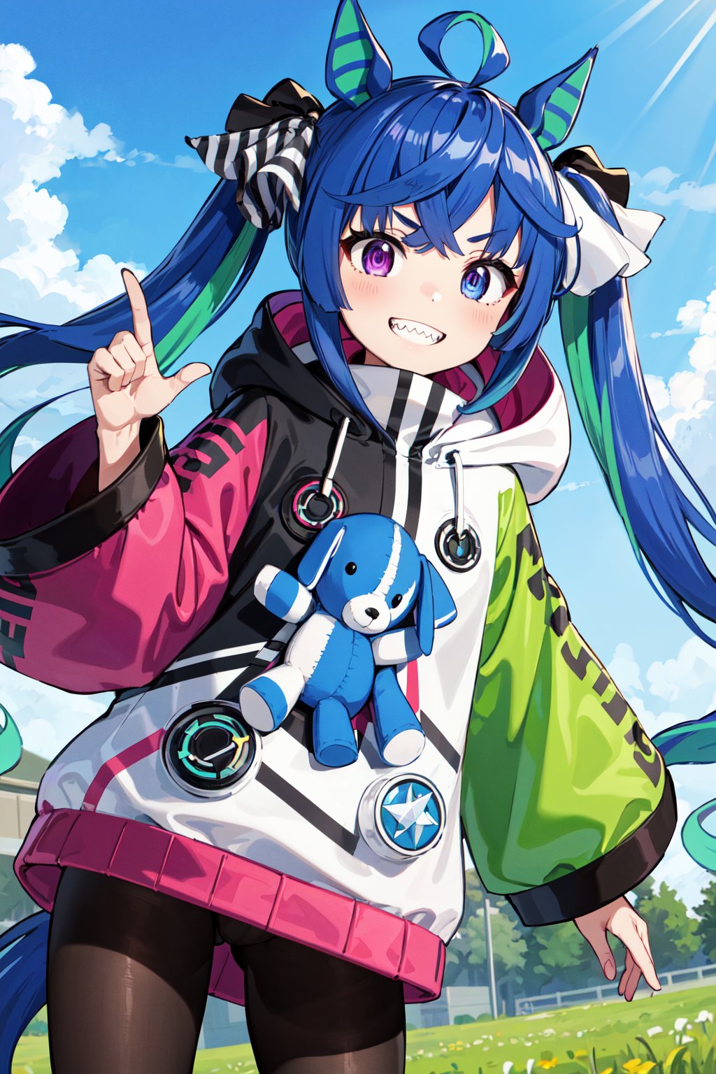 masterpiece, best quality, highres, aatwin, 1girl, multicolored hair, hair ribbon, horse tail, twintails, long hair, stuffed toy, stuffed animal, sharp teeth, hood, (asymmetrical sleeves:1.2), hoodie, black bodysuit,  <lora:twin_turbo_v1-1:0.7>, grin, outdoors, field, standing, cowboy shot,