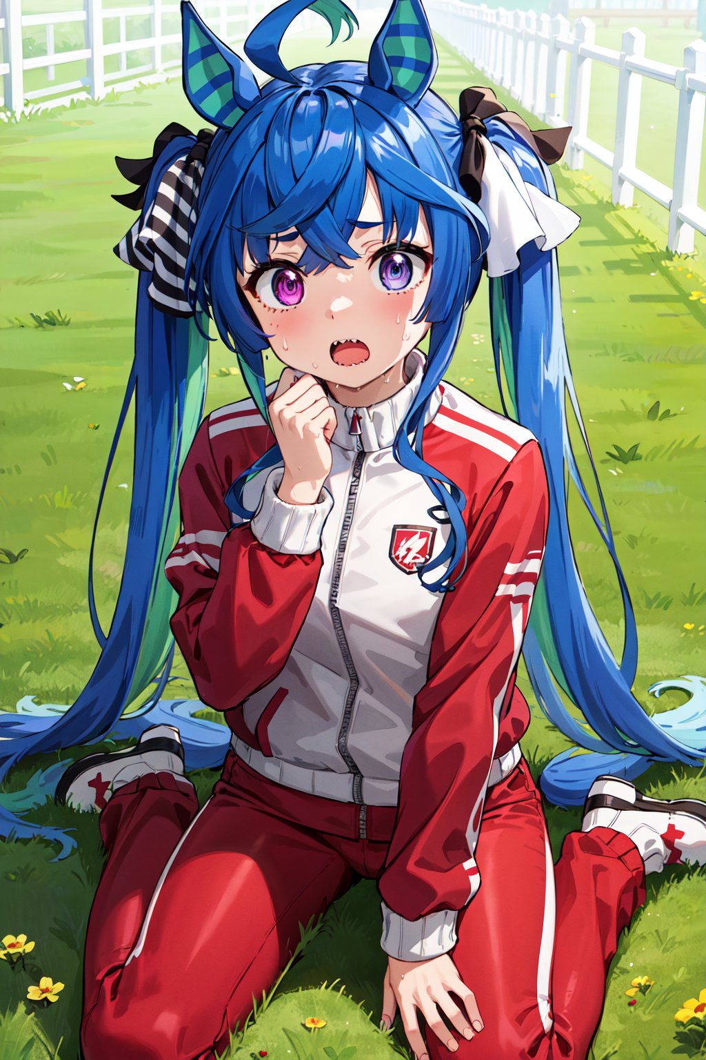 masterpiece, best quality, highres, aatwin, 1girl, multicolored hair, twintails, long hair, hair ribbon, horse tail, sharp teeth, red jacket, track jacket, long sleeves, red pants, <lora:twin_turbo_v1-1:0.7>, wariza, :o, sweat, grass, fence