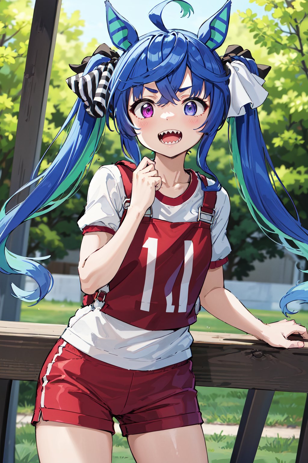 masterpiece, best quality, highres, aatwin, 1girl, multicolored hair, twintails, long hair, hair ribbon, horse tail, sharp teeth, white shirt, (gym shirt:1.1), numbered, short sleeves, red shorts, <lora:twin_turbo_v1-1:0.75>, cowboy shot, standing, outdoors,