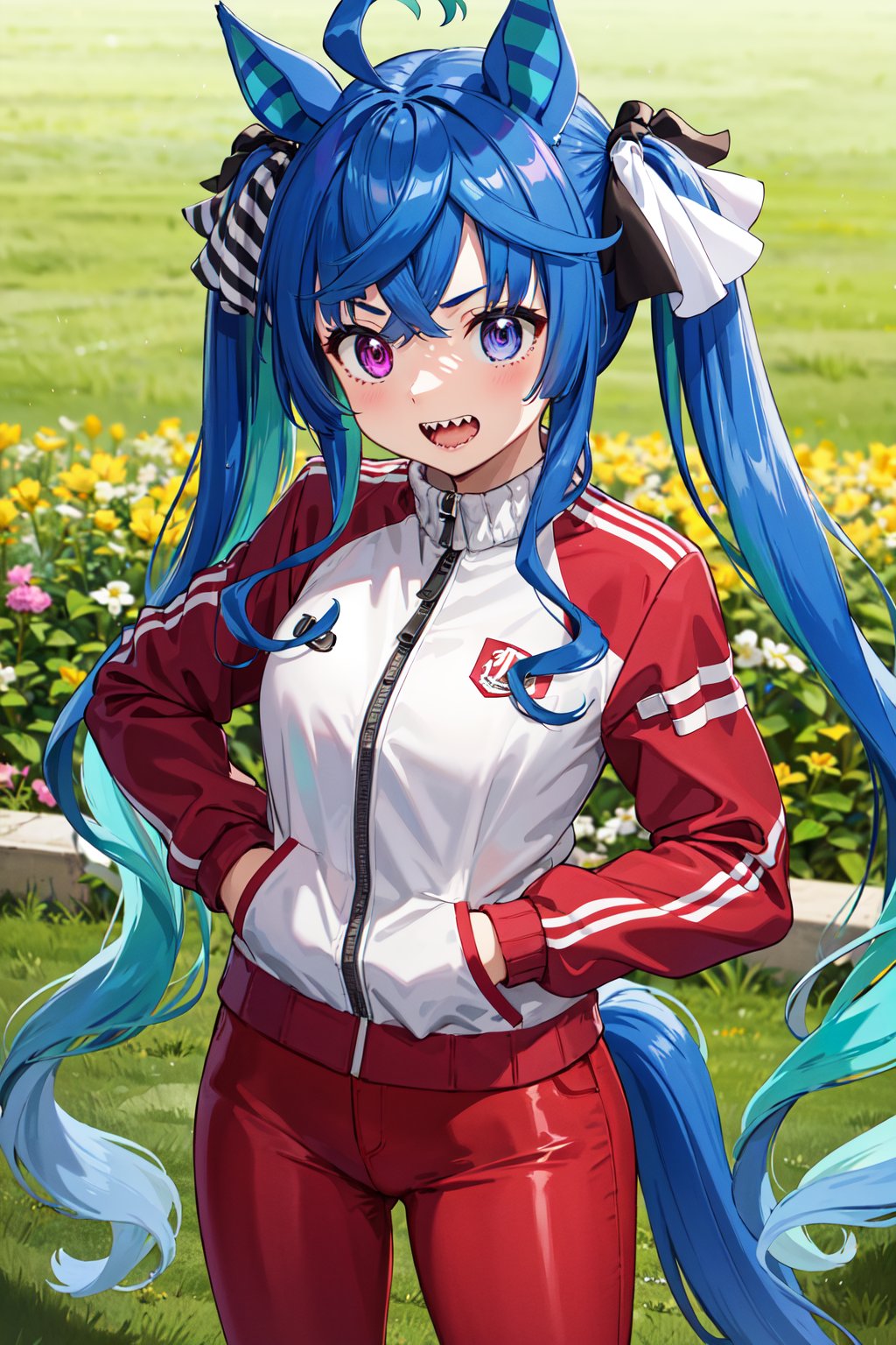 masterpiece, best quality, highres, aatwin, 1girl, multicolored hair, twintails, long hair, hair ribbon, horse tail, sharp teeth, red jacket, track jacket, long sleeves, red pants, <lora:twin_turbo_v1-1:0.7>, field, cowboy shot, standing, 