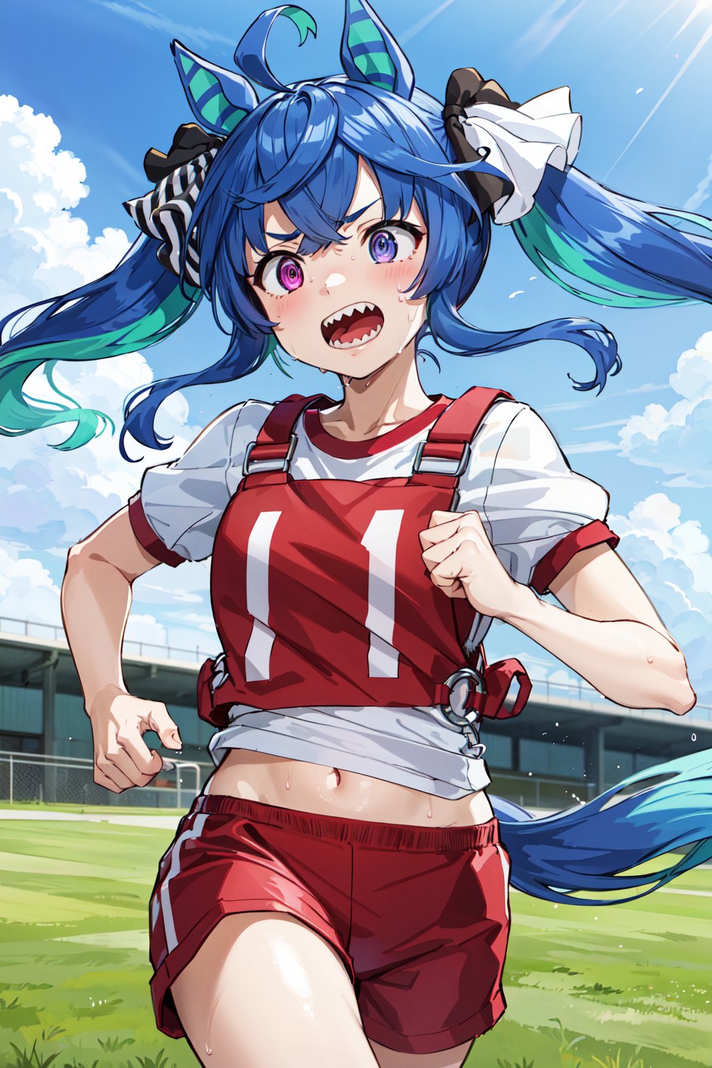 masterpiece, best quality, highres, aatwin, 1girl, multicolored hair, twintails, long hair, hair ribbon, horse tail, sharp teeth, white shirt, (gym shirt:1.1), numbered, short sleeves, red shorts, <lora:twin_turbo_v1-1:0.75>, running, field, sweat, open mouth,