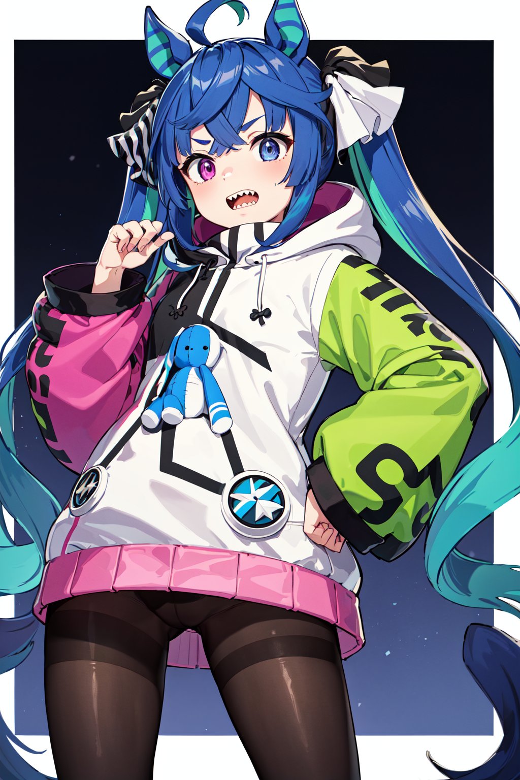 masterpiece, best quality, highres, aatwin, 1girl, multicolored hair, hair ribbon, horse tail, twintails, long hair, stuffed toy, stuffed animal, sharp teeth, hood, (asymmetrical sleeves:1.2), hoodie, black pantyhose, <lora:twin_turbo_v1-1:0.7>, hand on hip, standing, cowboy shot,