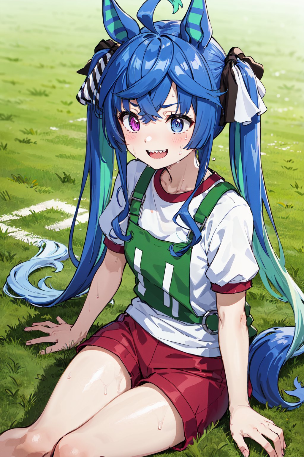 masterpiece, best quality, highres, aatwin, 1girl, multicolored hair, twintails, long hair, hair ribbon, horse tail, sharp teeth, white shirt, (gym shirt:1.1), numbered, short sleeves, red shorts, <lora:twin_turbo_v1-1:0.75>, sitting, (sweat:1.1), smile, outdoors, on floor, field,