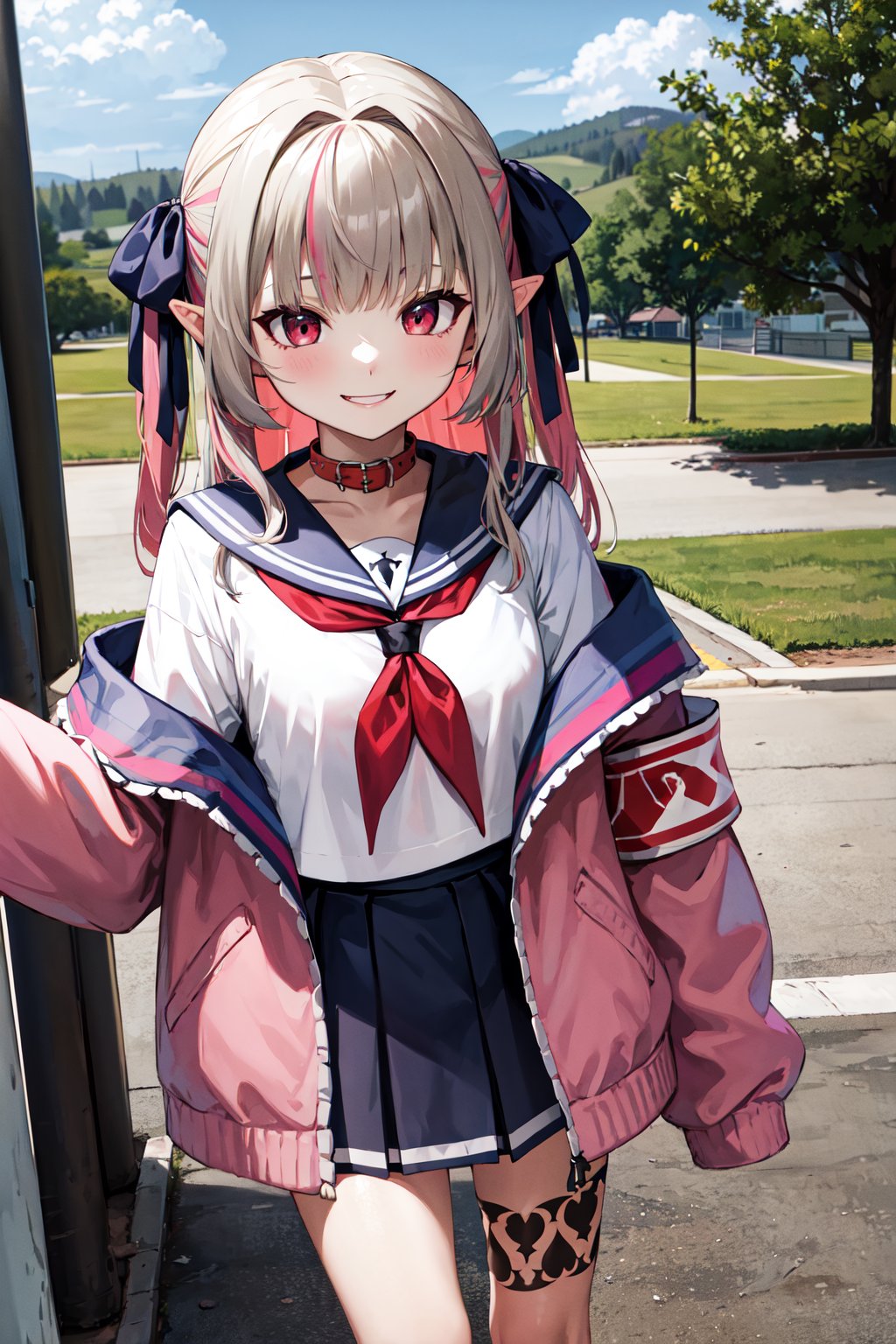 masterpiece, best quality, highres, ccrrm, long hair, two side up, hair ribbon, black ribbon, red collar, sailor collar, red neckerchief, serafuku, white shirt, pink jacket, sleeves past wrists, armband, open clothes, off shoulder, pleated skirt, leg tattoo, <lora:makaino_ririmu_v1:0.8>, outdoors, cowbow shot, smile