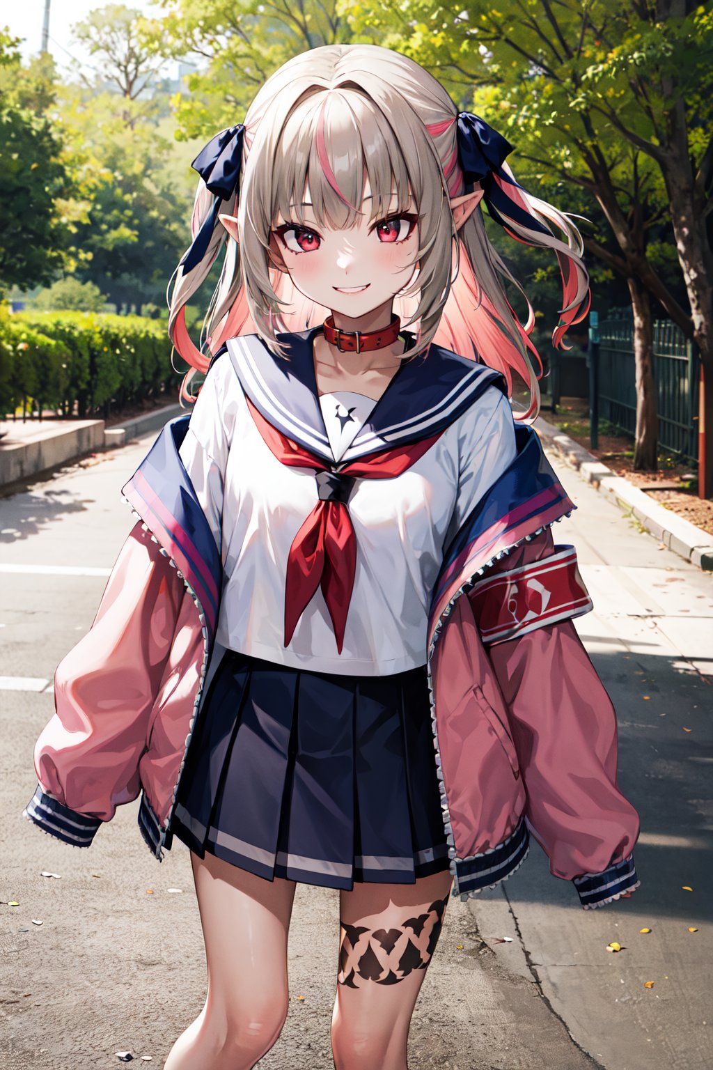 masterpiece, best quality, highres, ccrrm, long hair, two side up, hair ribbon, black ribbon, red collar, sailor collar, red neckerchief, serafuku, white shirt, pink jacket, sleeves past wrists, armband, open clothes, off shoulder, pleated skirt, leg tattoo, <lora:makaino_ririmu_v1:0.8>, outdoors, cowbow shot, smile