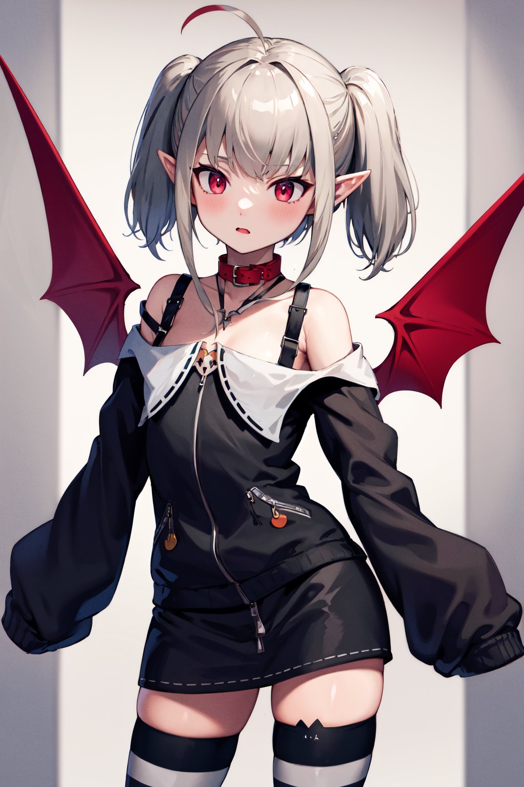 masterpiece, best quality, highres, aarrm, twintails, ahoge, small breasts, demon wings, red wings, collar, bare shoulders, black dress, long sleeves, sleeves past wrists, striped thighhighs, <lora:makaino_ririmu_v1:0.8>,  cowboy shot, standing