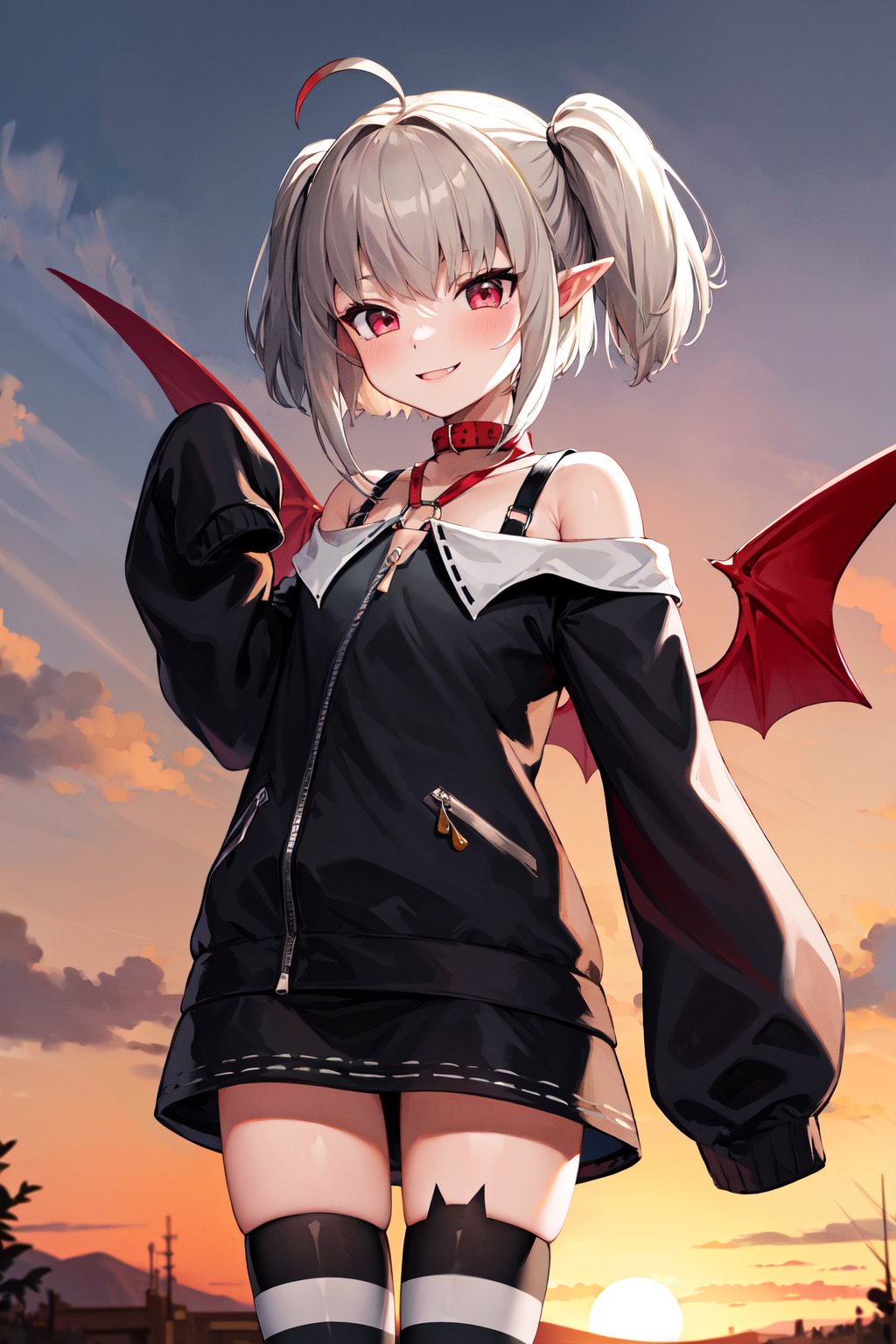 masterpiece, best quality, highres, aarrm, twintails, ahoge, small breasts, demon wings, red wings, collar, bare shoulders, black dress, long sleeves, sleeves past wrists, striped thighhighs, <lora:makaino_ririmu_v1:0.8>,  cowboy shot, standing, smile, outdoors, sunset