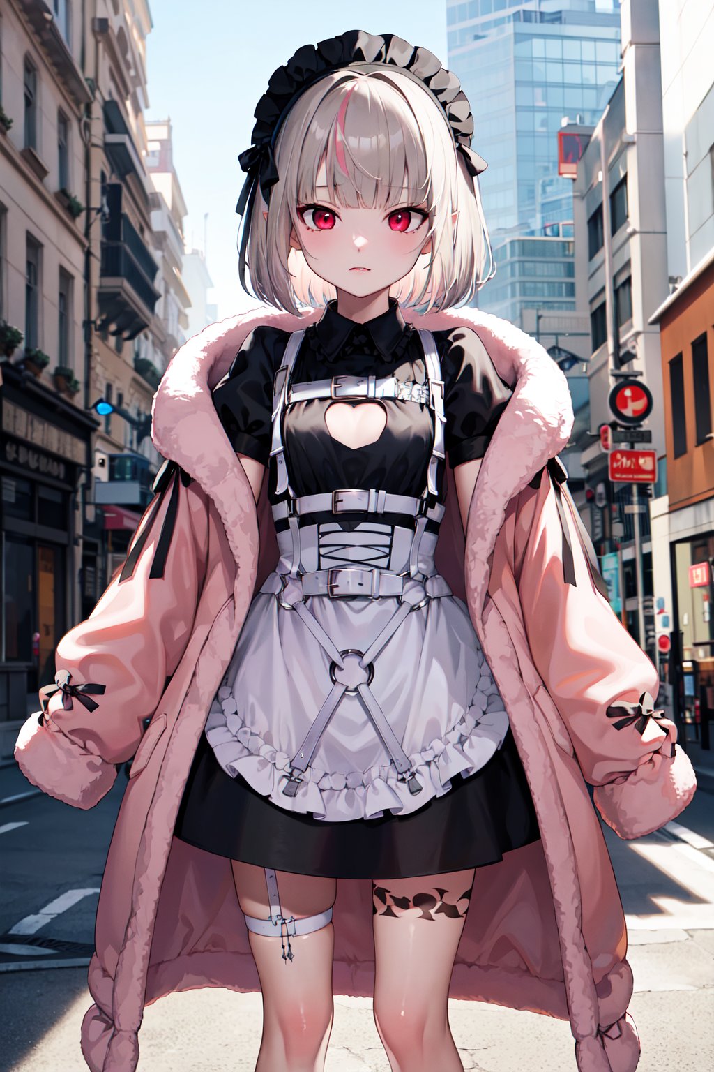 masterpiece, best quality, highres, ddrrm, short hair, red eyes, small breasts, maid headdress, frills, maid, pink coat, open clothes, sleeves past wrists, black dress, clothing cutout, maid apron, white apron, leg tattoo, <lora:makaino_ririmu_v1:0.8>, cowboy shot, standing, street,