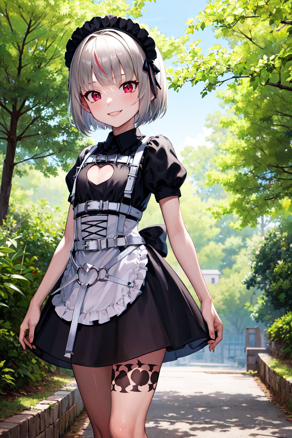 masterpiece, best quality, highres, ddrrm, short hair, red eyes, small breasts, maid headdress, frills, maid, black dress, puffy short sleeves, clothing cutout, maid apron, white apron, leg tattoo, <lora:makaino_ririmu_v1:0.8>, cowboy shot, standing, smile, outdoors,