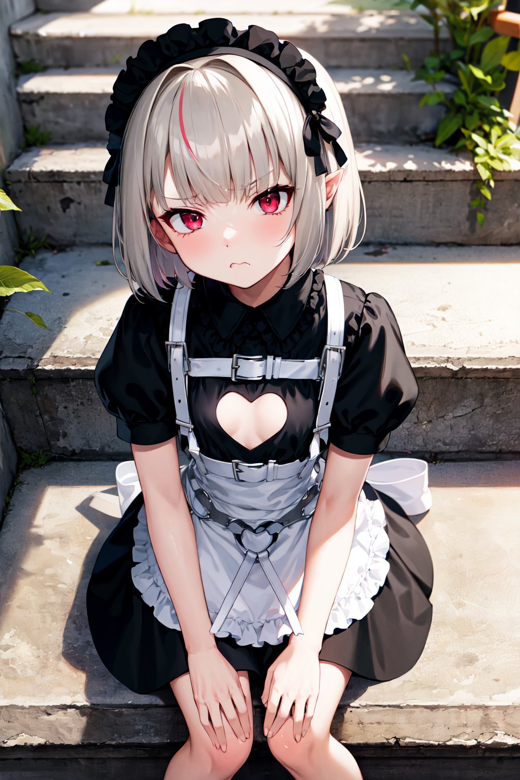 masterpiece, best quality, highres, ddrrm, short hair, red eyes, small breasts, maid headdress, frills, maid, black dress, puffy short sleeves, clothing cutout, maid apron, white apron, leg tattoo, <lora:makaino_ririmu_v1:0.8>, stair, sitting, frown, 