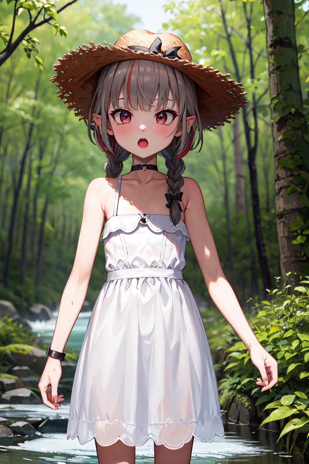 masterpiece, best quality, highres, bbrrm, long hair, multicolored hair, twin braids, hair bow, straw hat, small breasts, choker, bare shoulders, white dress, sleeveless dress, see-through, <lora:makaino_ririmu_v1:0.8>, outdoors, forest, stream, water, standing, cowboy shot, :o