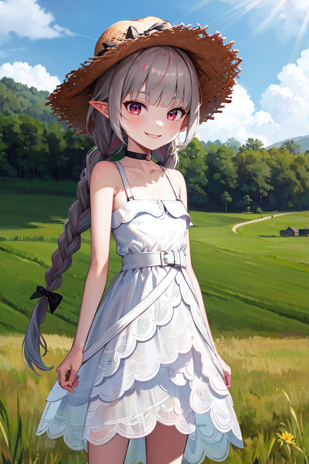 masterpiece, best quality, highres, bbrrm, long hair, multicolored hair, twin braids, hair bow, straw hat, small breasts, choker, bare shoulders, white dress, sleeveless dress, see-through, <lora:makaino_ririmu_v1:0.8>, outdoors, field, grass, flower, standing, cowboy shot, smile,