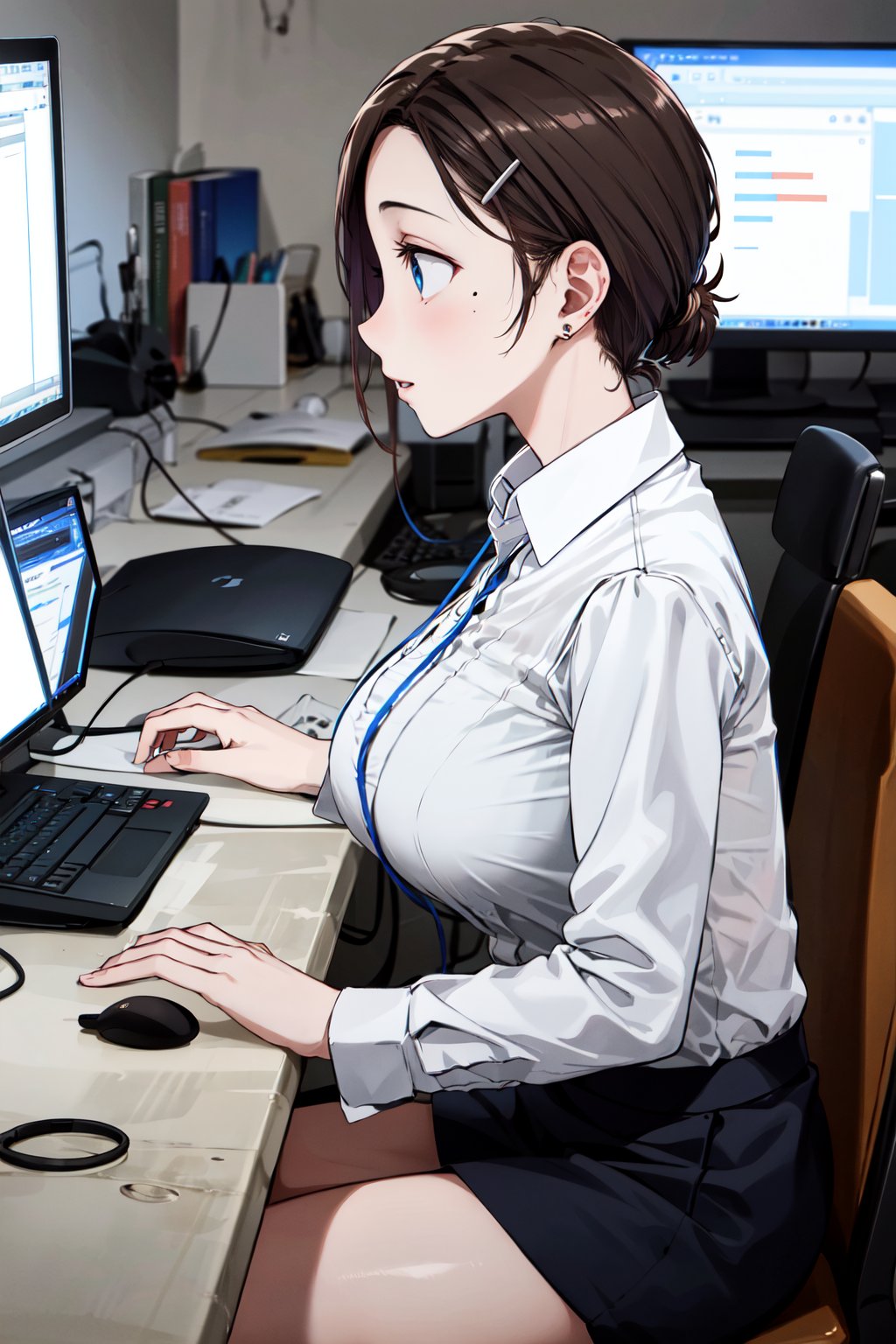 masterpiece, best quality, highres, 1girl, solo, short hair, brown hair, low ponytail, hairclip, blue eyes, mole under eye, earrings, large breasts, white shirt, collared shirt, lanyard, long sleeves, black skirt, brown pantyhose, <lora:kouhai-chan_(tawawa)_v1:0.7>, computer, sitting, mouse \(computer\), keyboard \(computer\), monitor, from side, 