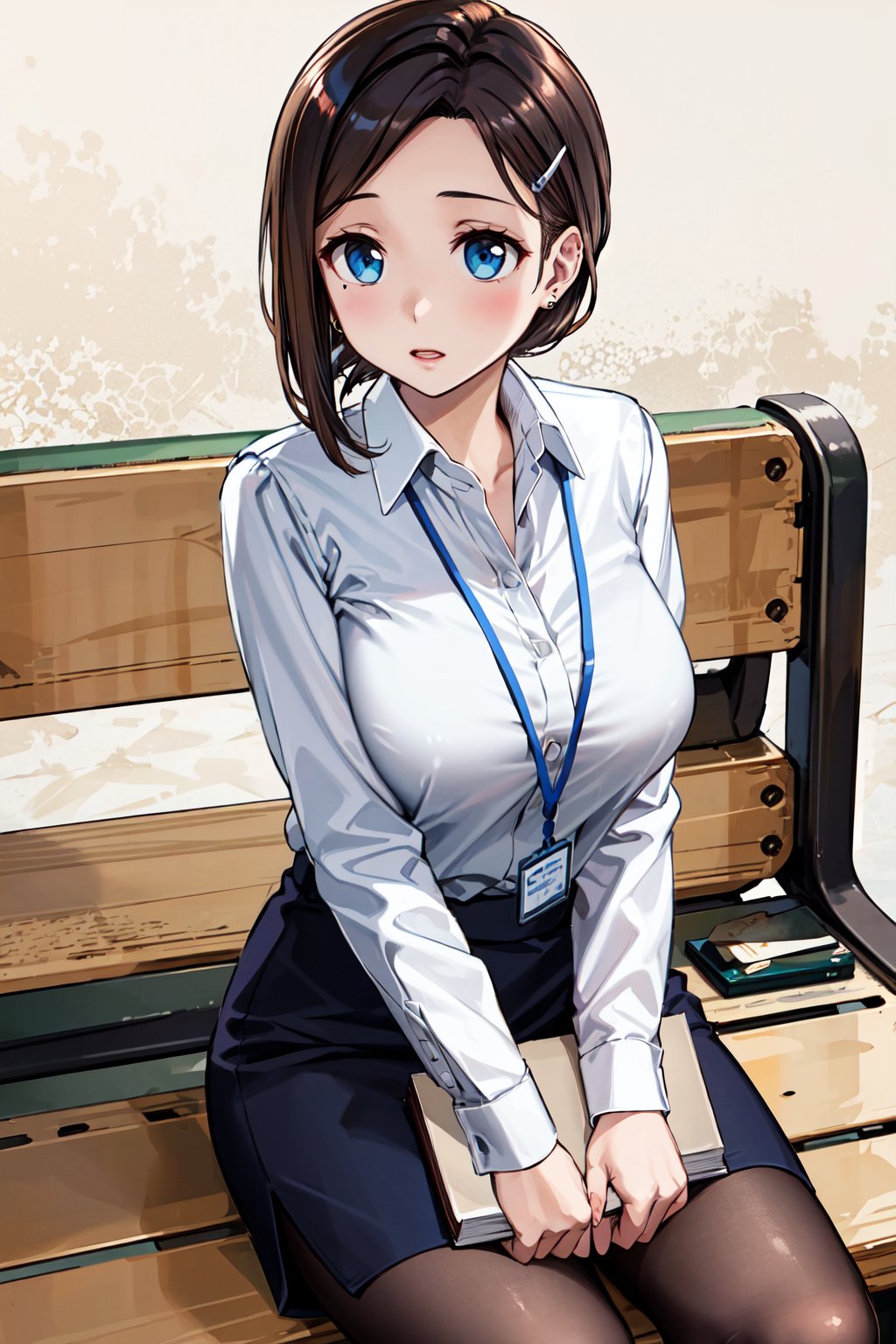 masterpiece, best quality, highres, 1girl, solo, short hair, brown hair, low ponytail, hairclip, blue eyes, mole under eye, earrings, large breasts, white shirt, collared shirt, lanyard, long sleeves, black skirt, brown pantyhose, <lora:kouhai-chan_(tawawa)_v1:0.7>, sitting, bench, book