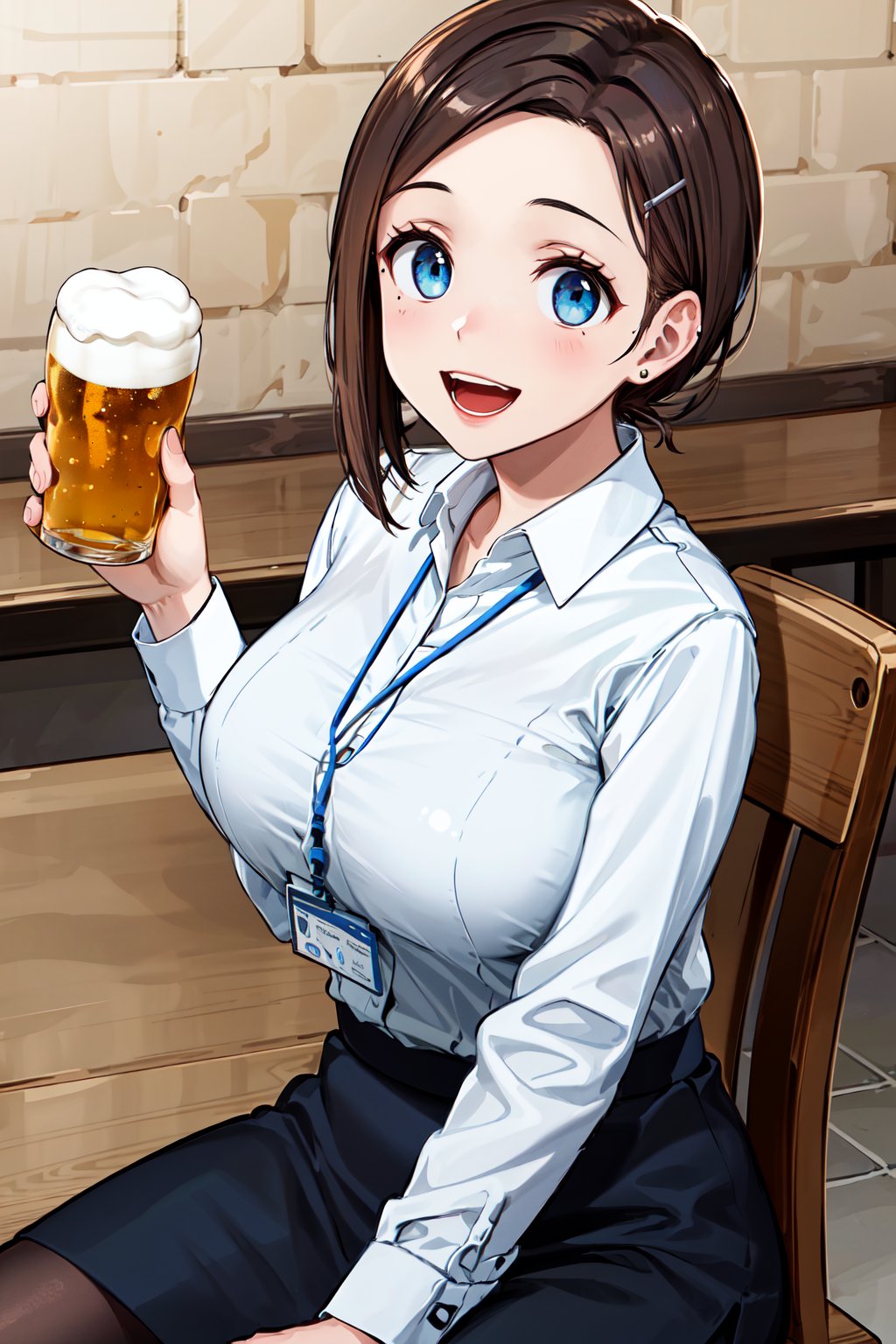 masterpiece, best quality, highres, 1girl, solo, short hair, brown hair, low ponytail, hairclip, blue eyes, mole under eye, earrings, large breasts, white shirt, collared shirt, lanyard, long sleeves, black skirt, brown pantyhose, <lora:kouhai-chan_(tawawa)_v1:0.7>, restaurant, sitting, holding beer, smile, wavy mouth, open mouth, table, food