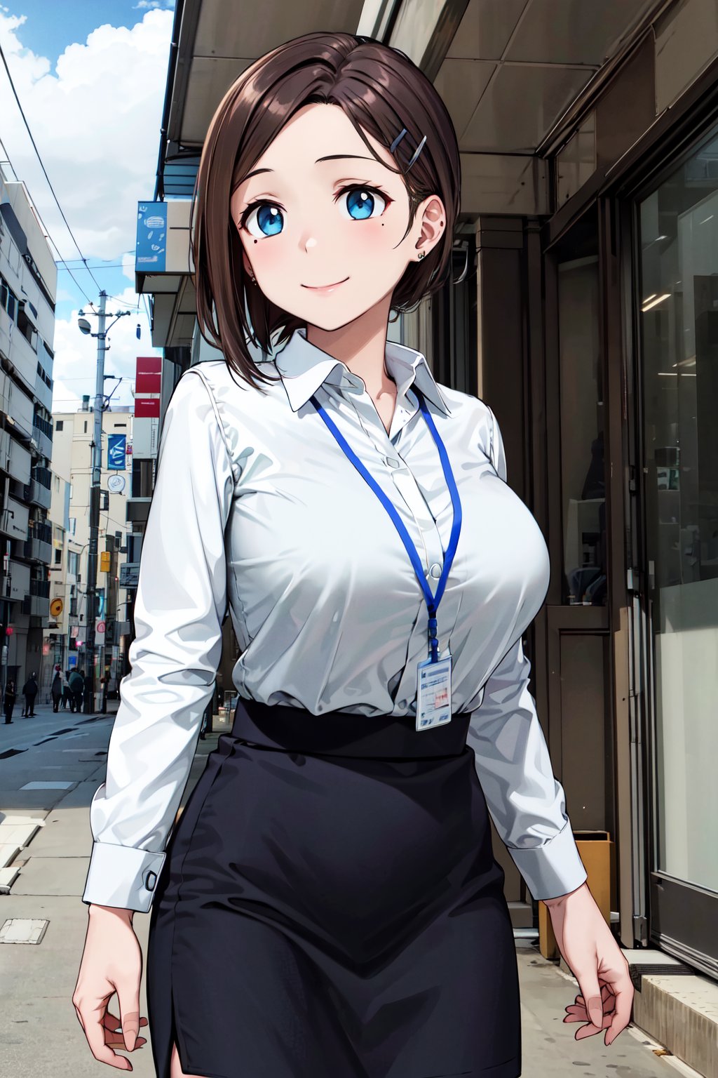 masterpiece, best quality, highres, 1girl, solo, short hair, brown hair, low ponytail, hairclip, blue eyes, mole under eye, earrings, large breasts, white shirt, collared shirt, lanyard, long sleeves, black skirt, brown pantyhose, <lora:kouhai-chan_(tawawa)_v1:0.7>, smile, outdoors, building, cowboy shot, closed mouth, standing