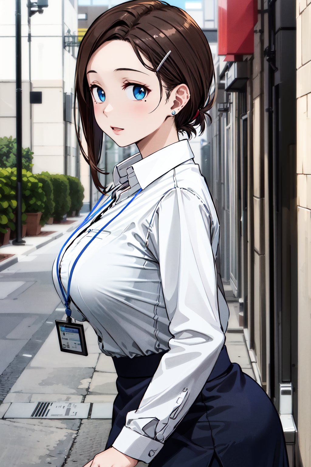 masterpiece, best quality, highres, 1girl, solo, short hair, brown hair, low ponytail, hairclip, blue eyes, mole under eye, earrings, large breasts, white shirt, collared shirt, lanyard, long sleeves, black skirt, brown pantyhose, <lora:kouhai-chan_(tawawa)_v1:0.7>, from side, walking, street, looking at viewer, 