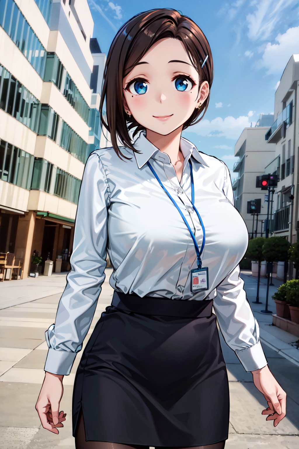 masterpiece, best quality, highres, 1girl, solo, short hair, brown hair, low ponytail, hairclip, blue eyes, mole under eye, earrings, large breasts, white shirt, collared shirt, lanyard, long sleeves, black skirt, brown pantyhose, <lora:kouhai-chan_(tawawa)_v1:0.7>, smile, outdoors, building, cowboy shot, closed mouth, standing