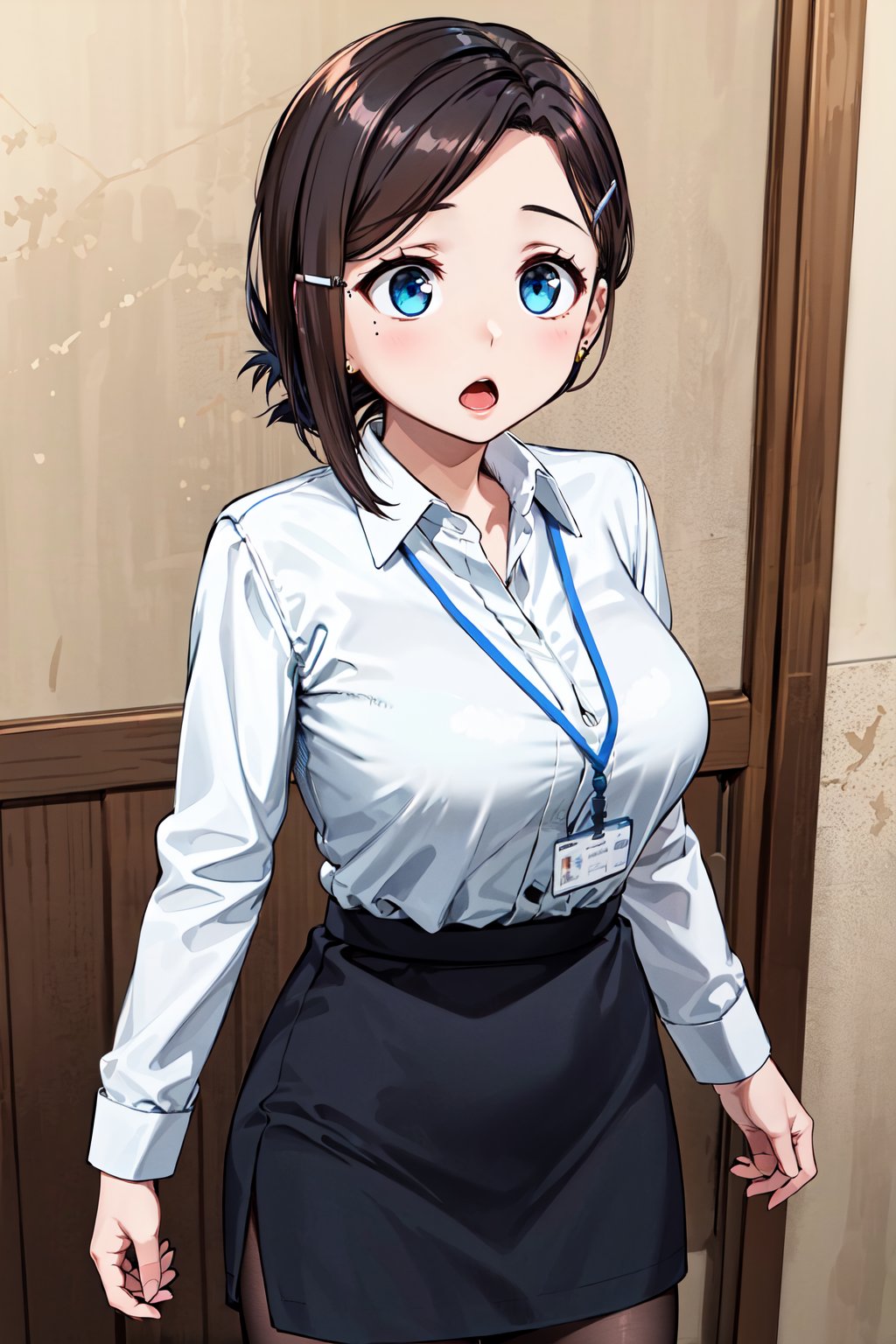 masterpiece, best quality, highres, 1girl, solo, short hair, brown hair, low ponytail, hairclip, blue eyes, mole under eye, earrings, large breasts, white shirt, collared shirt, lanyard, long sleeves, black skirt, brown pantyhose, <lora:kouhai-chan_(tawawa)_v1:0.7>, :o