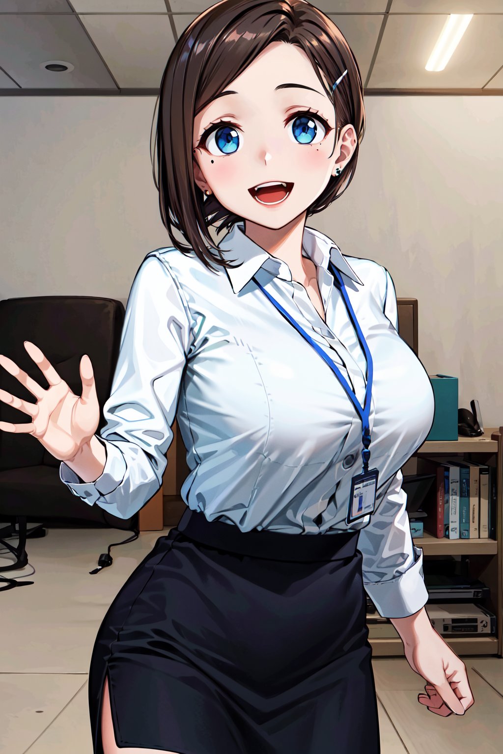 masterpiece, best quality, highres, 1girl, solo, short hair, brown hair, low ponytail, hairclip, blue eyes, mole under eye, earrings, large breasts, white shirt, collared shirt, lanyard, long sleeves, black skirt, brown pantyhose, <lora:kouhai-chan_(tawawa)_v1:0.7>, indoors, office, waving, smile, open mouth, 