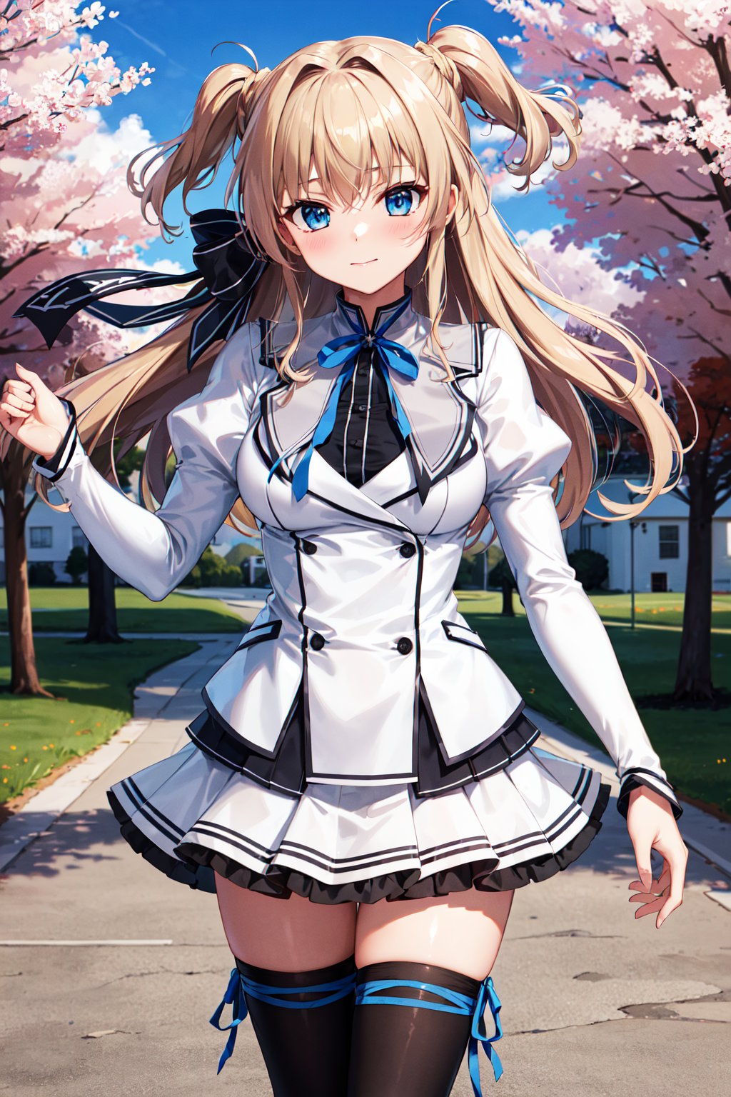 masterpiece, best quality, highres, 1girl, solo, long hair, blonde hair, two side up, (hair ribbon:1.1), blue eyes, neck ribbon, school uniform, white jacket, juliet sleeves, long sleeves, white skirt, thigh ribbon, black thighhighs, <lora:sena_airi_v1:0.7>, outdoors, cowboy shot, standing, 