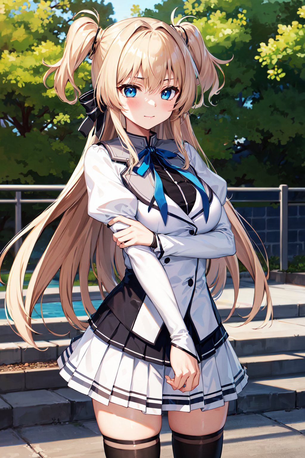 masterpiece, best quality, highres, 1girl, solo, long hair, blonde hair, two side up, (hair ribbon:1.1), blue eyes, neck ribbon, school uniform, white jacket, juliet sleeves, long sleeves, white skirt, thigh ribbon, black thighhighs, <lora:sena_airi_v1:0.7>, outdoors, cowboy shot, standing, 